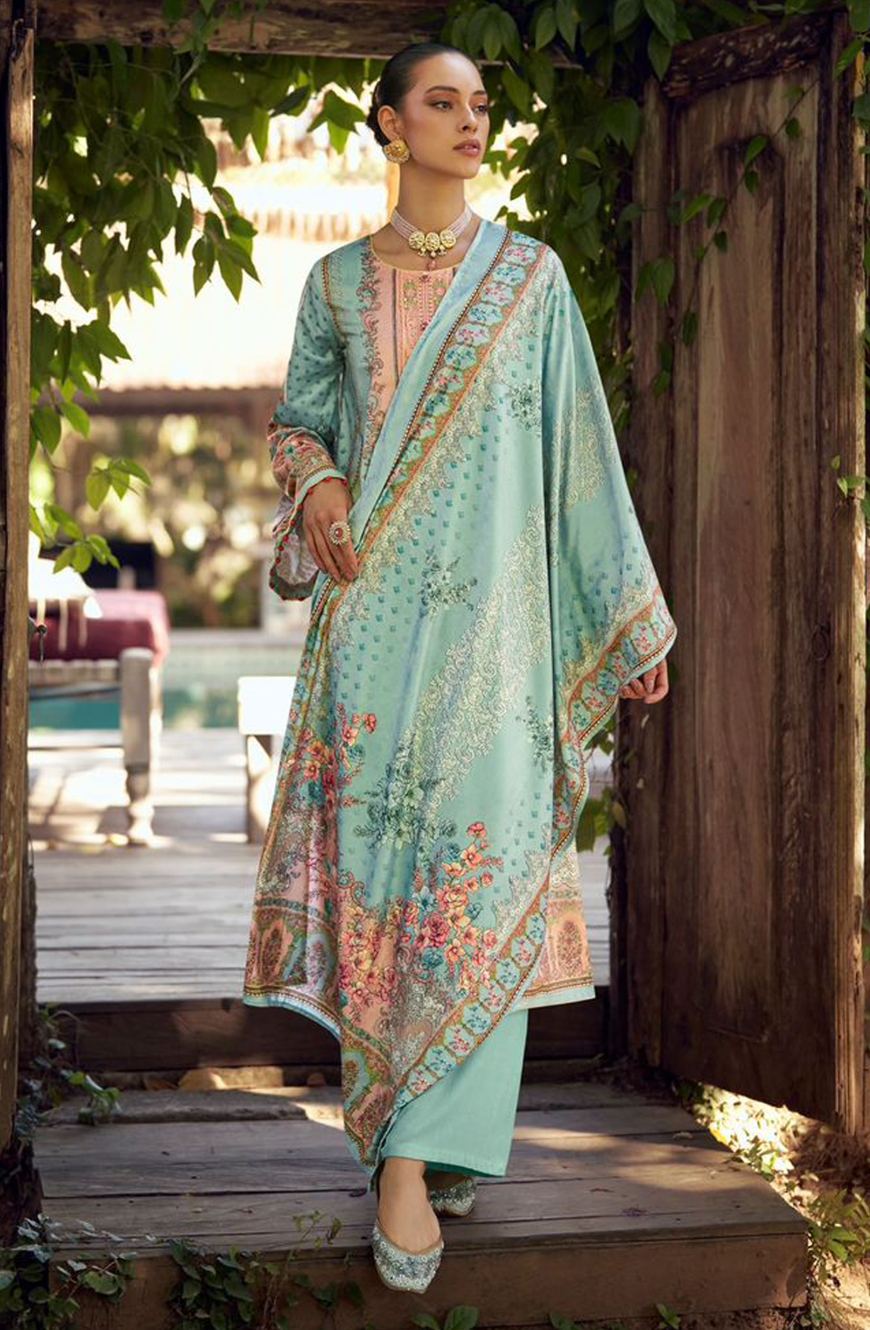 Sea Green Beautiful Velvet Unstitched Printed Salwar Kameez - DEE24001