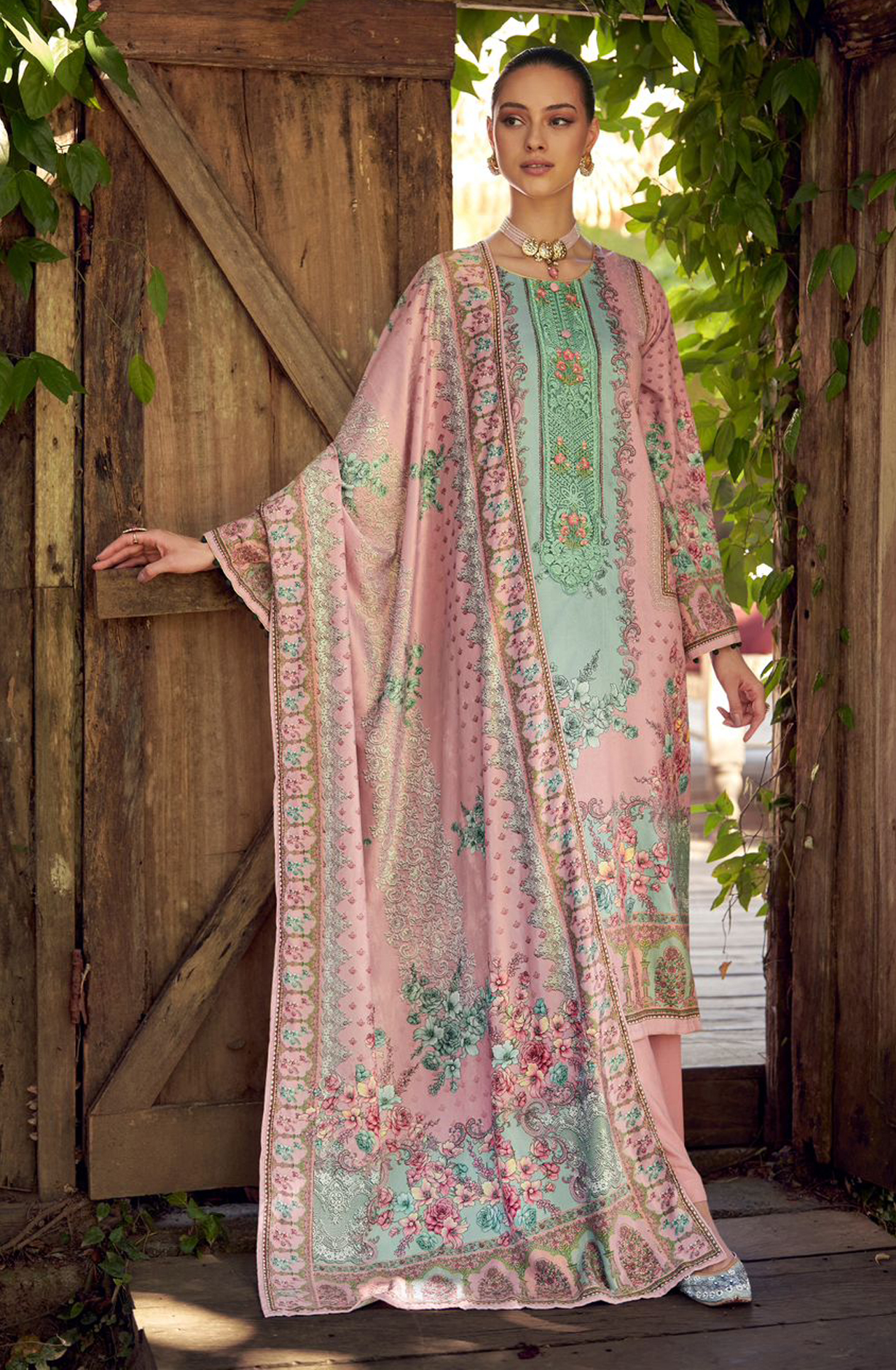 Sea Green Beautiful Velvet Unstitched Printed Salwar Suit - DEE24002