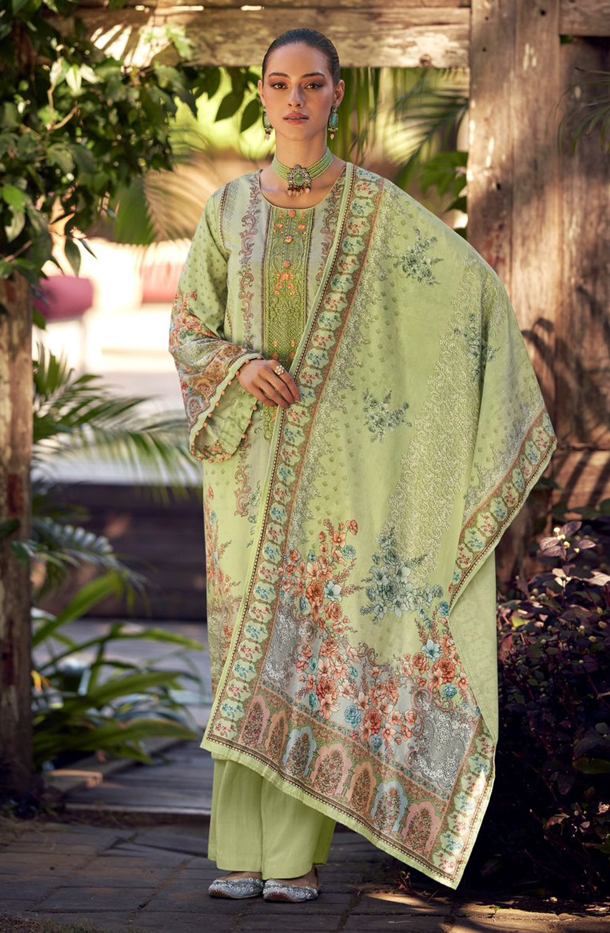 Parrot Green Beautiful Velvet Unstitched Printed Salwar Suit - DEE24003