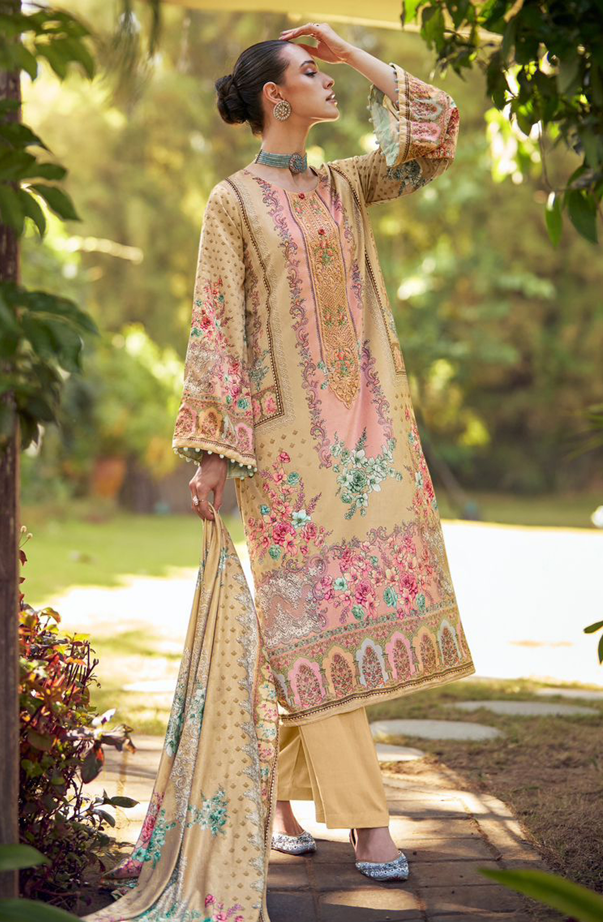 Beige Beautiful Velvet Unstitched Printed Salwar Suit - DEE24004