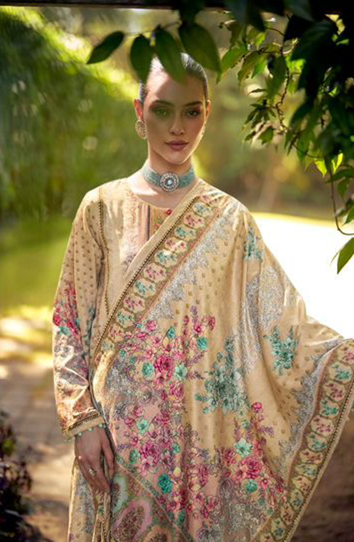Beige Beautiful Velvet Unstitched Printed Salwar Suit - DEE24004