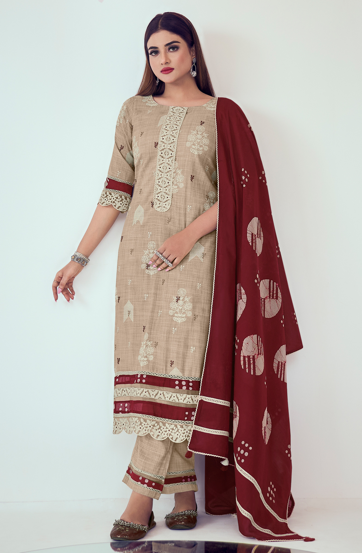 Beige and Maroon Cotton Block Print Unstitched Suit with Embroidery Work - DEE9211