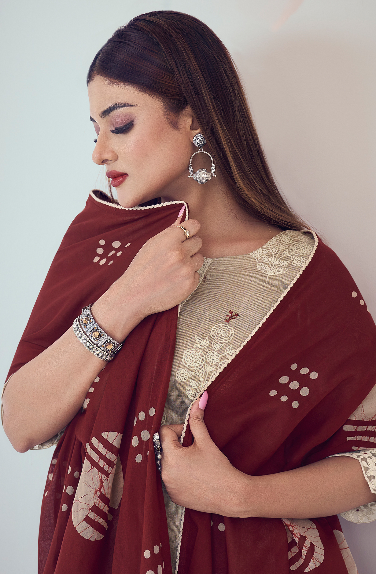 Beige and Maroon Cotton Block Print Unstitched Suit with Embroidery Work - DEE9211