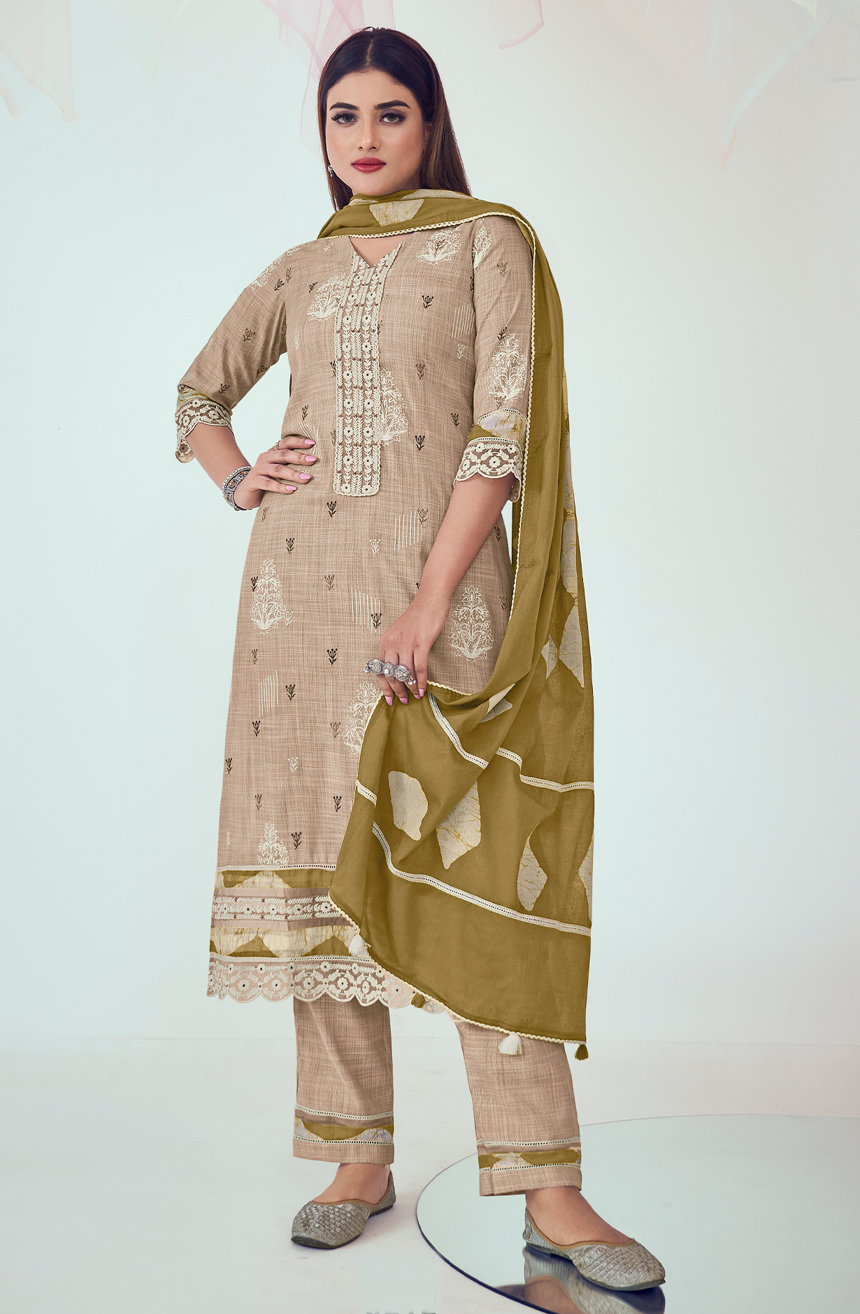 Beige and Mehndi Cotton Block Print Unstitched Suit with Embroidery Work - DEE9212