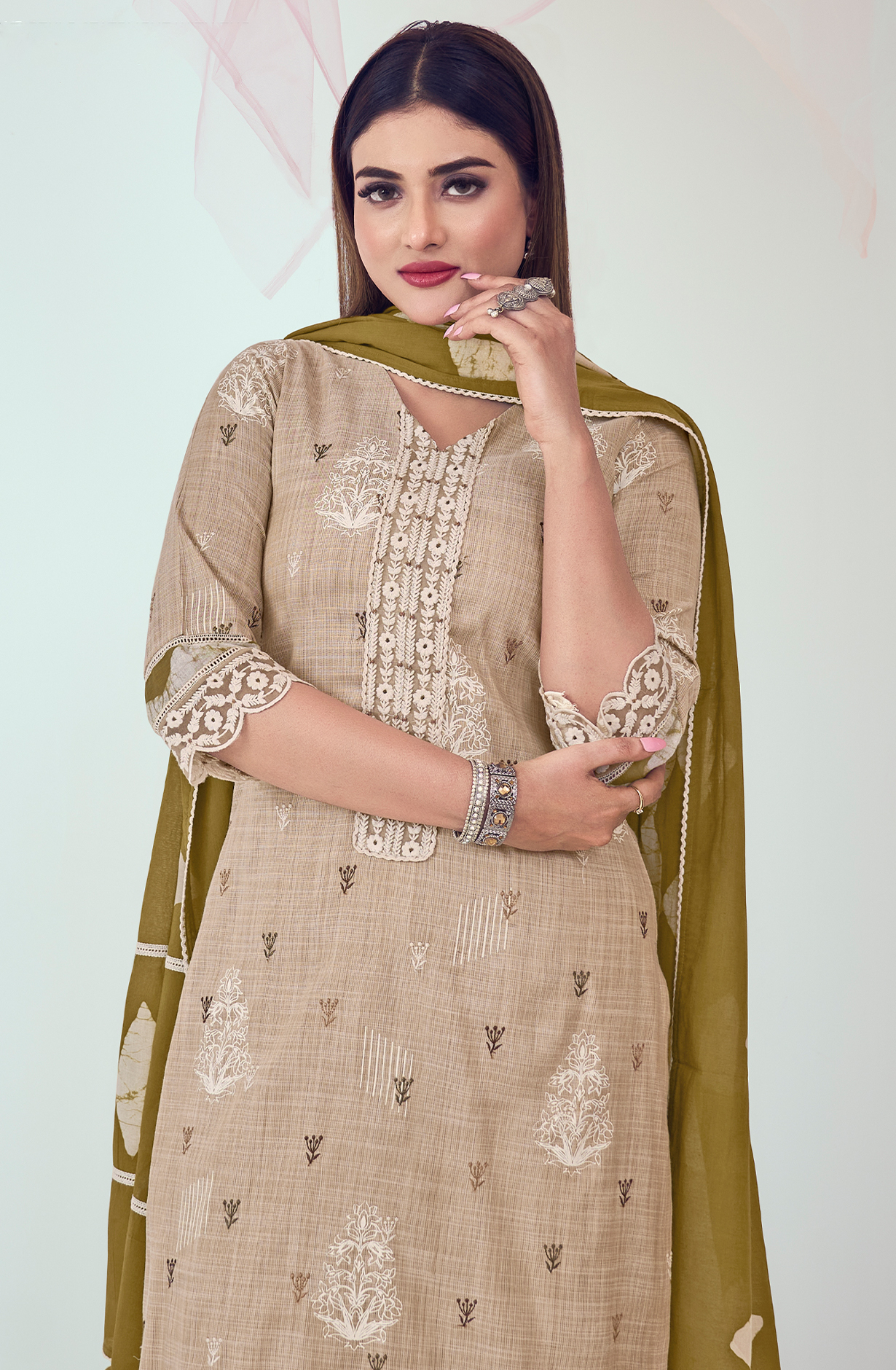 Beige and Mehndi Cotton Block Print Unstitched Suit with Embroidery Work - DEE9212