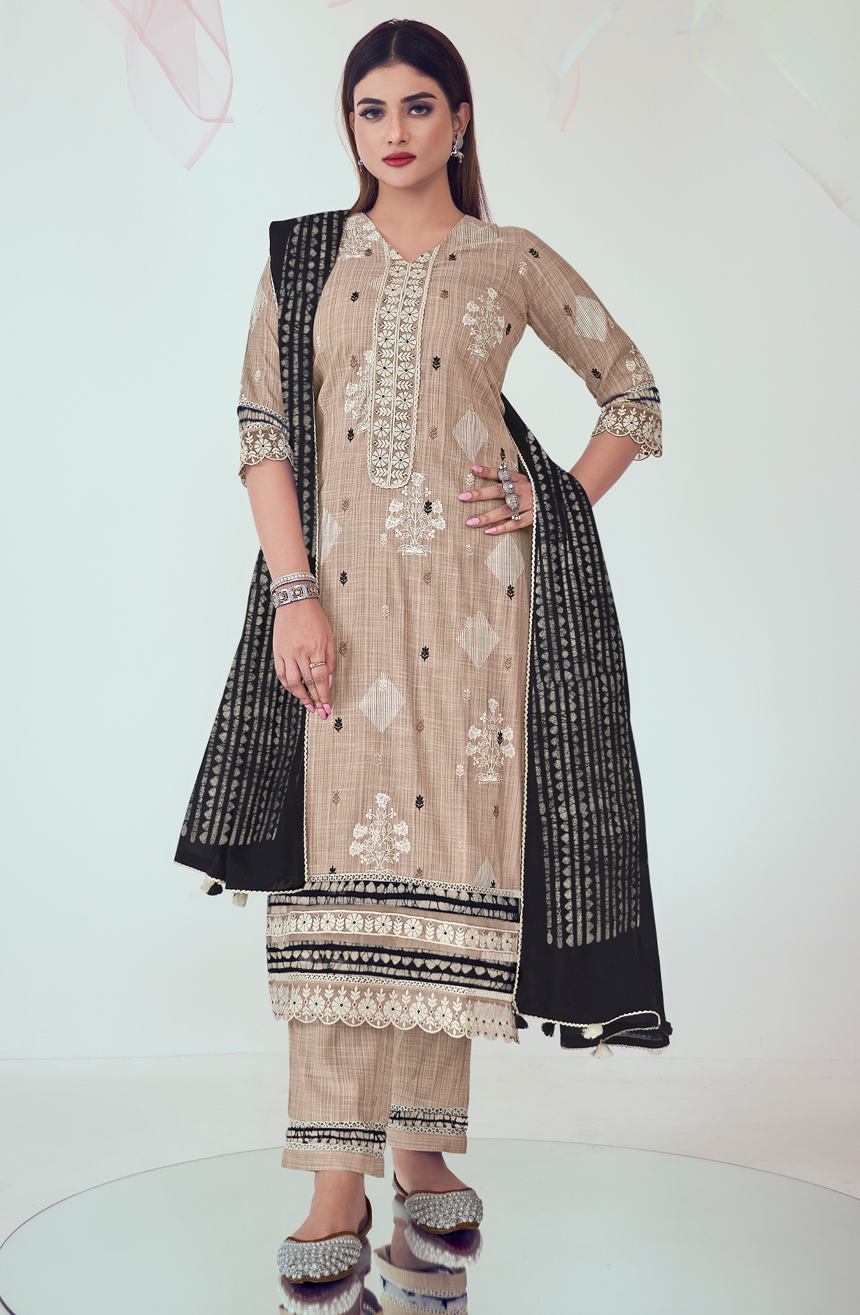Beige and Black Cotton Block Print Unstitched Suit with Embroidery Work - DEE9213