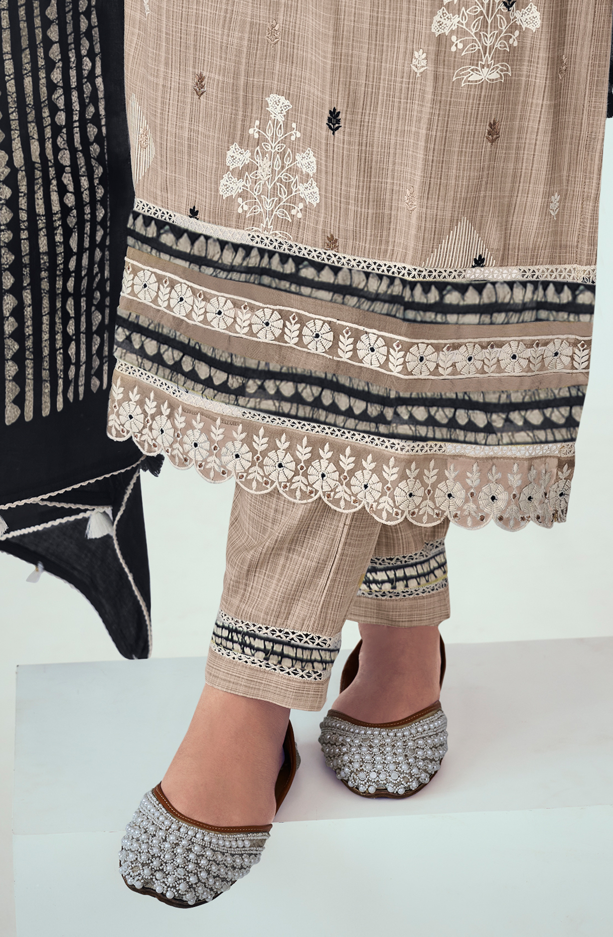 Beige and Black Cotton Block Print Unstitched Suit with Embroidery Work - DEE9213