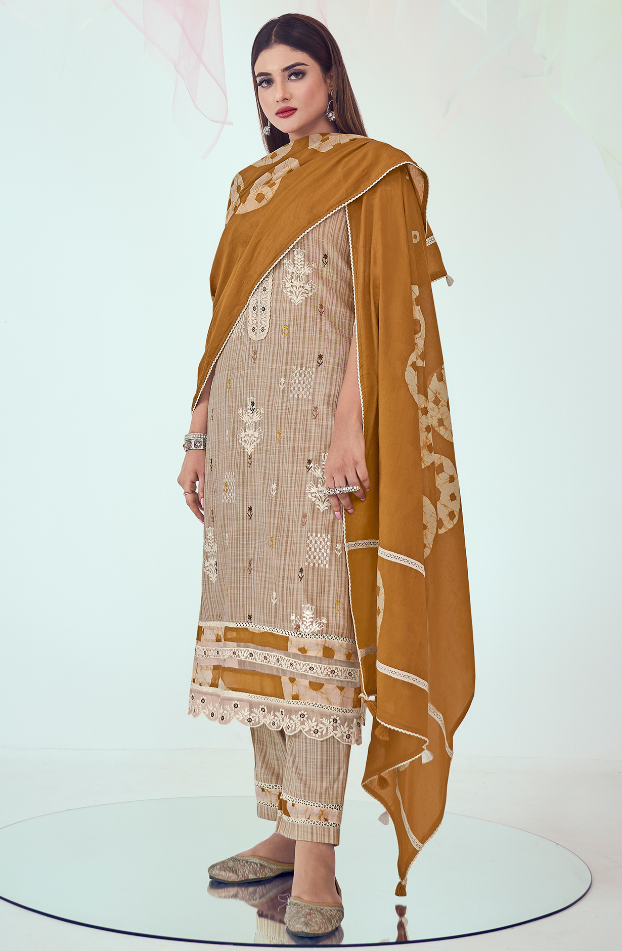 Beige and Mustard Cotton Block Print Unstitched Suit with Embroidery Work - DEE9214