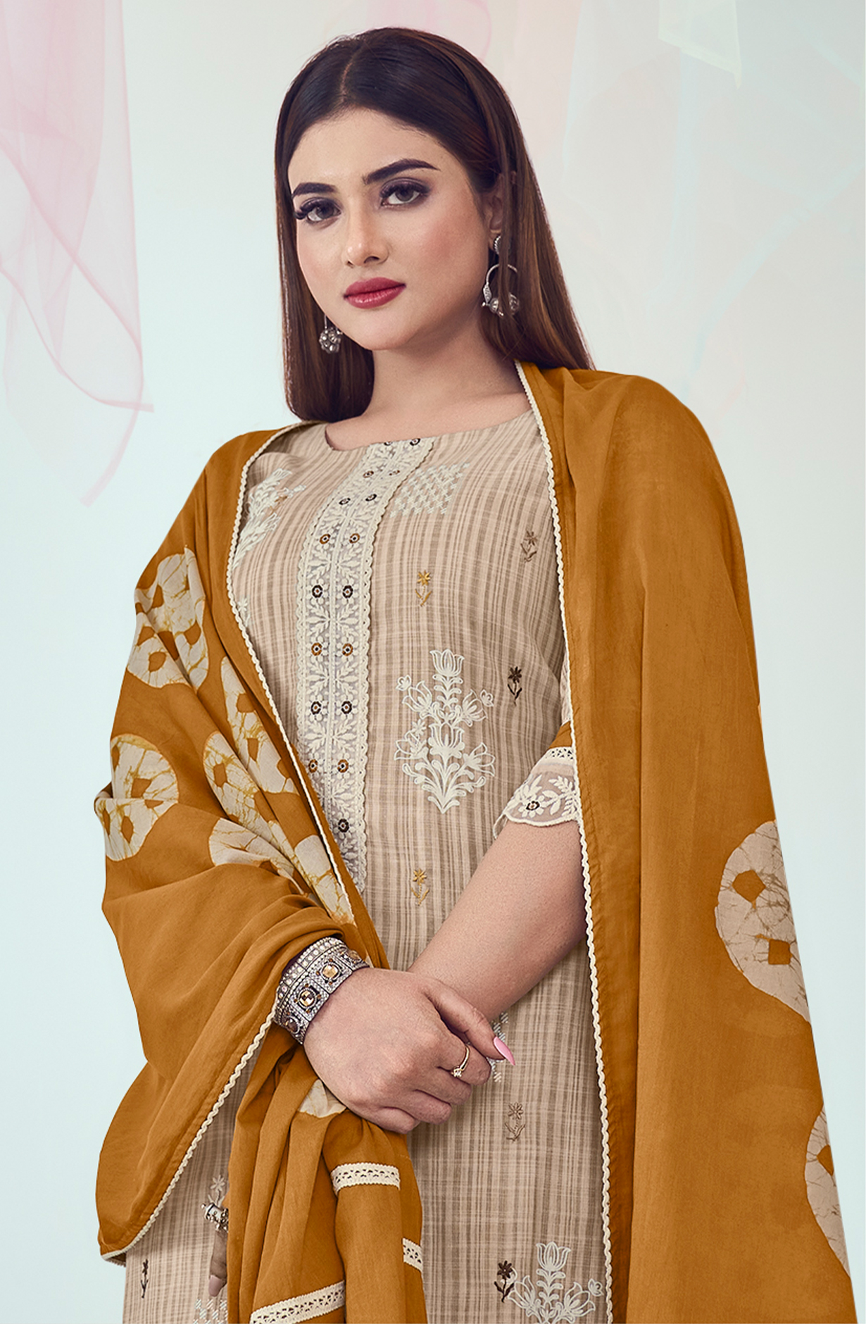 Beige and Mustard Cotton Block Print Unstitched Suit with Embroidery Work - DEE9214
