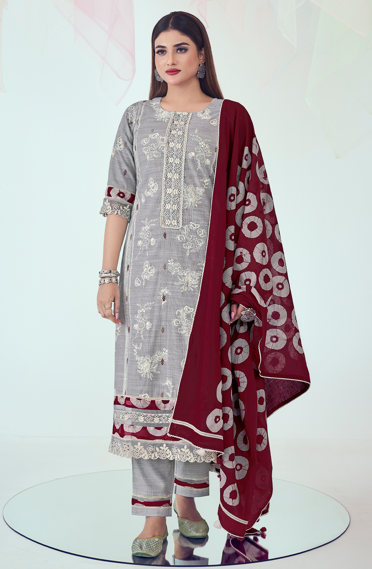 Grey and Maroon Cotton Block Print Unstitched Suit with Embroidery Work - DEE9215