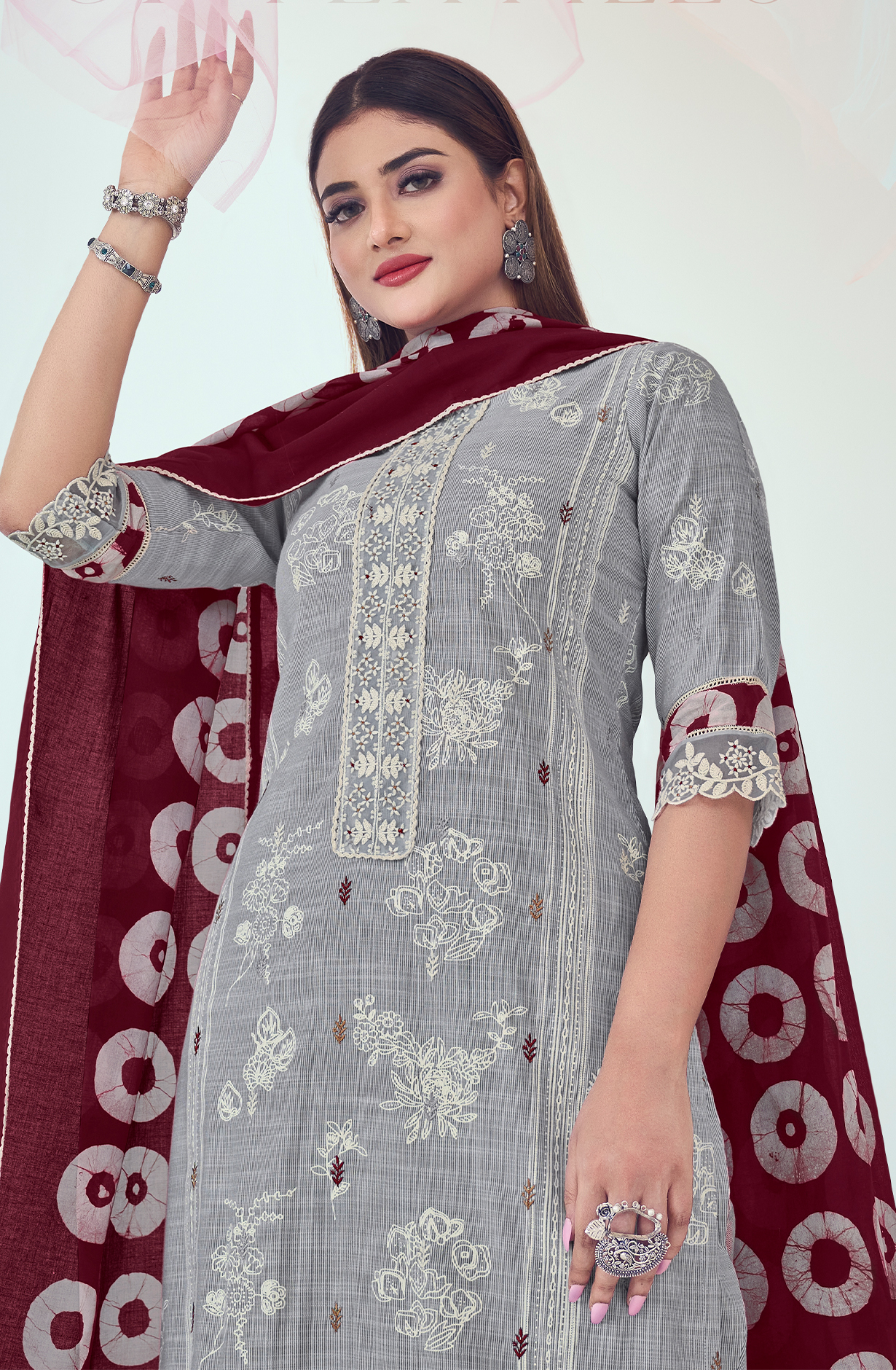 Grey and Maroon Cotton Block Print Unstitched Suit with Embroidery Work - DEE9215