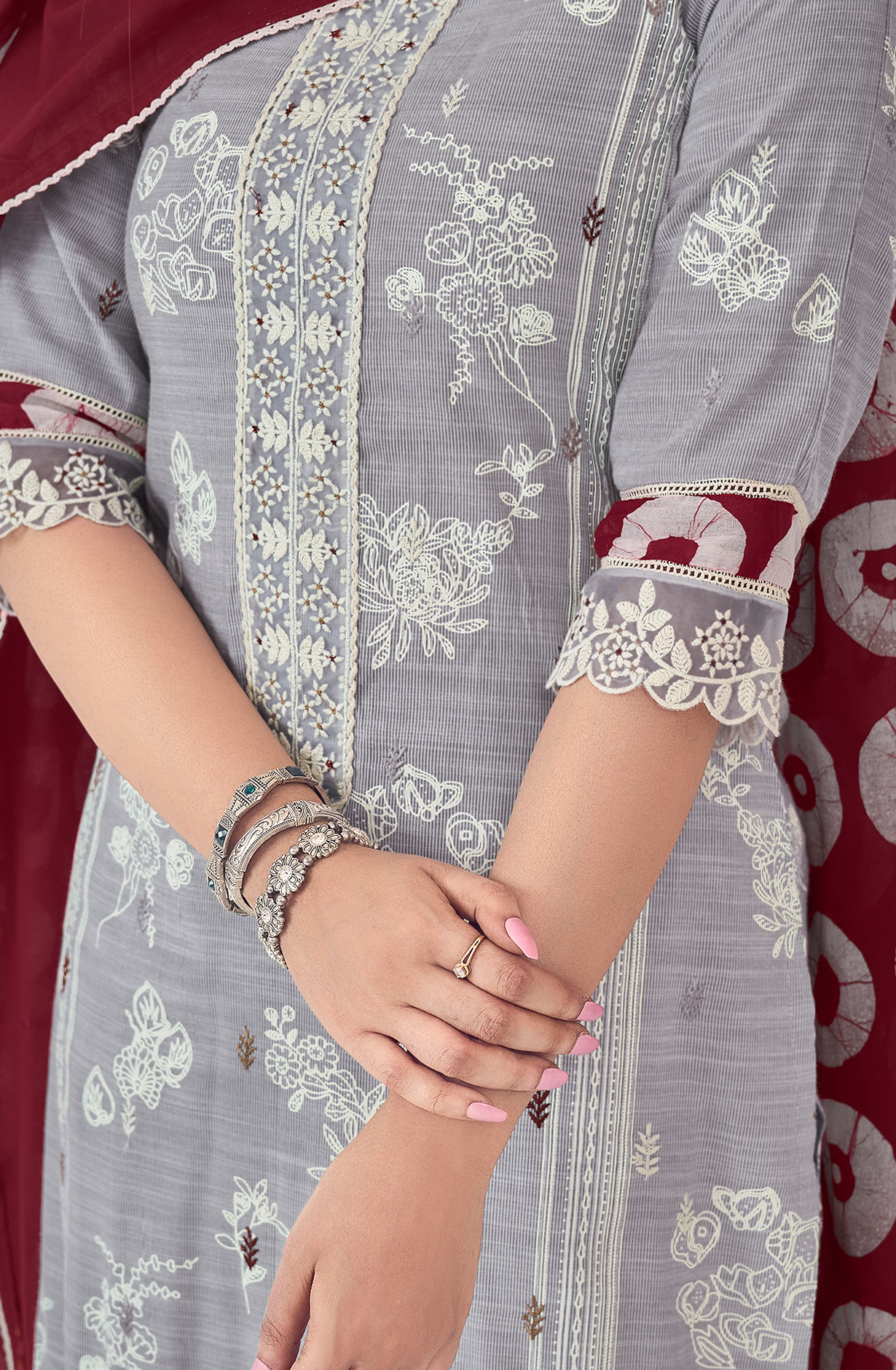 Grey and Maroon Cotton Block Print Unstitched Suit with Embroidery Work - DEE9215