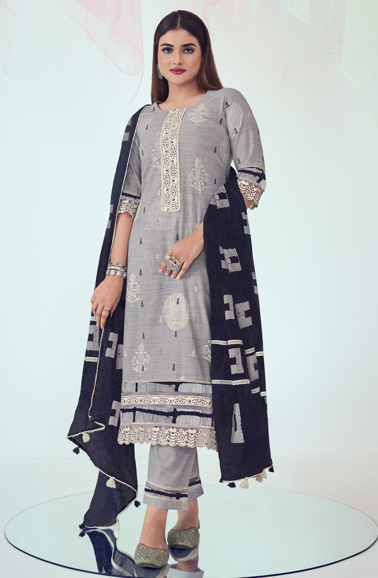 Grey and Black Cotton Block Print Unstitched Suit with Embroidery Work - DEE9216