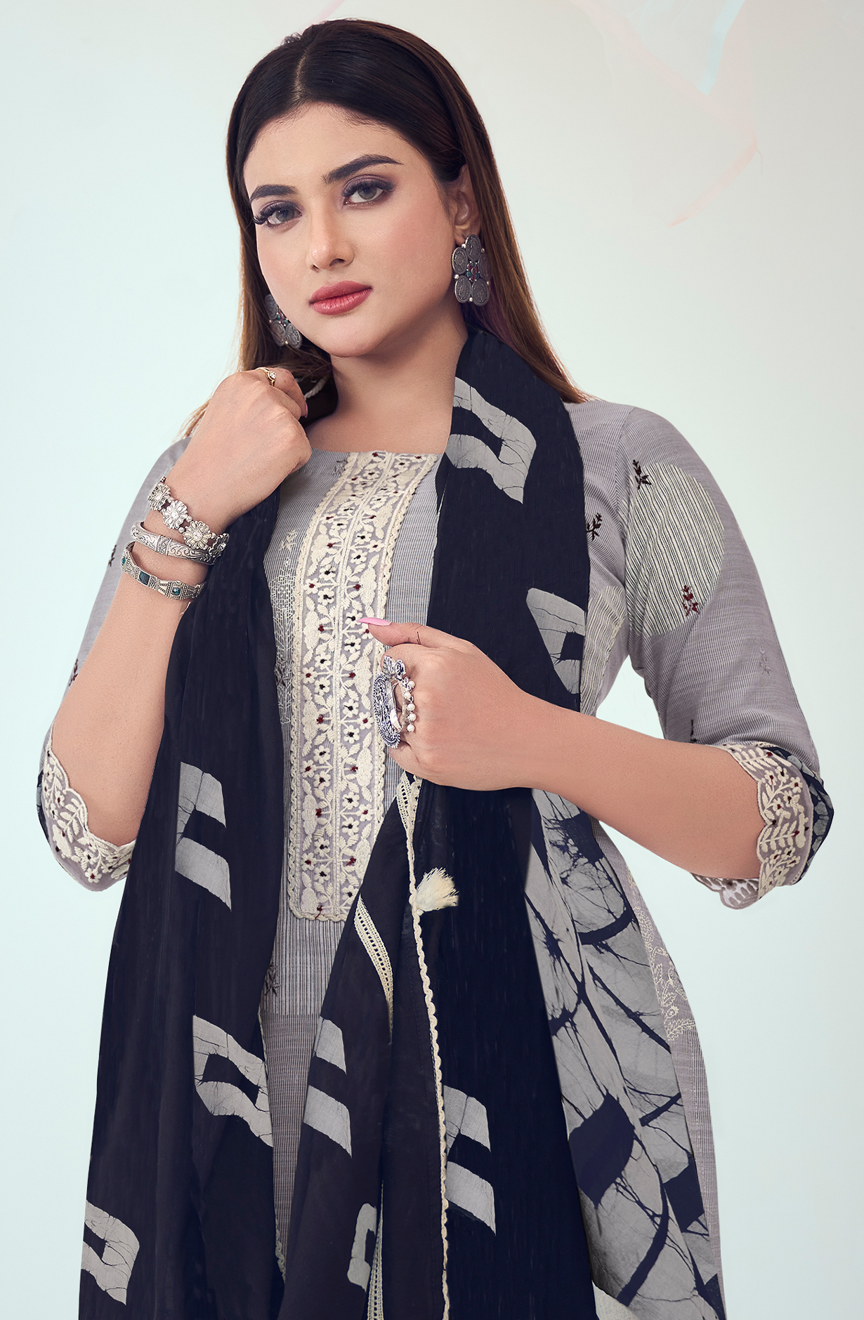 Grey and Black Cotton Block Print Unstitched Suit with Embroidery Work - DEE9216