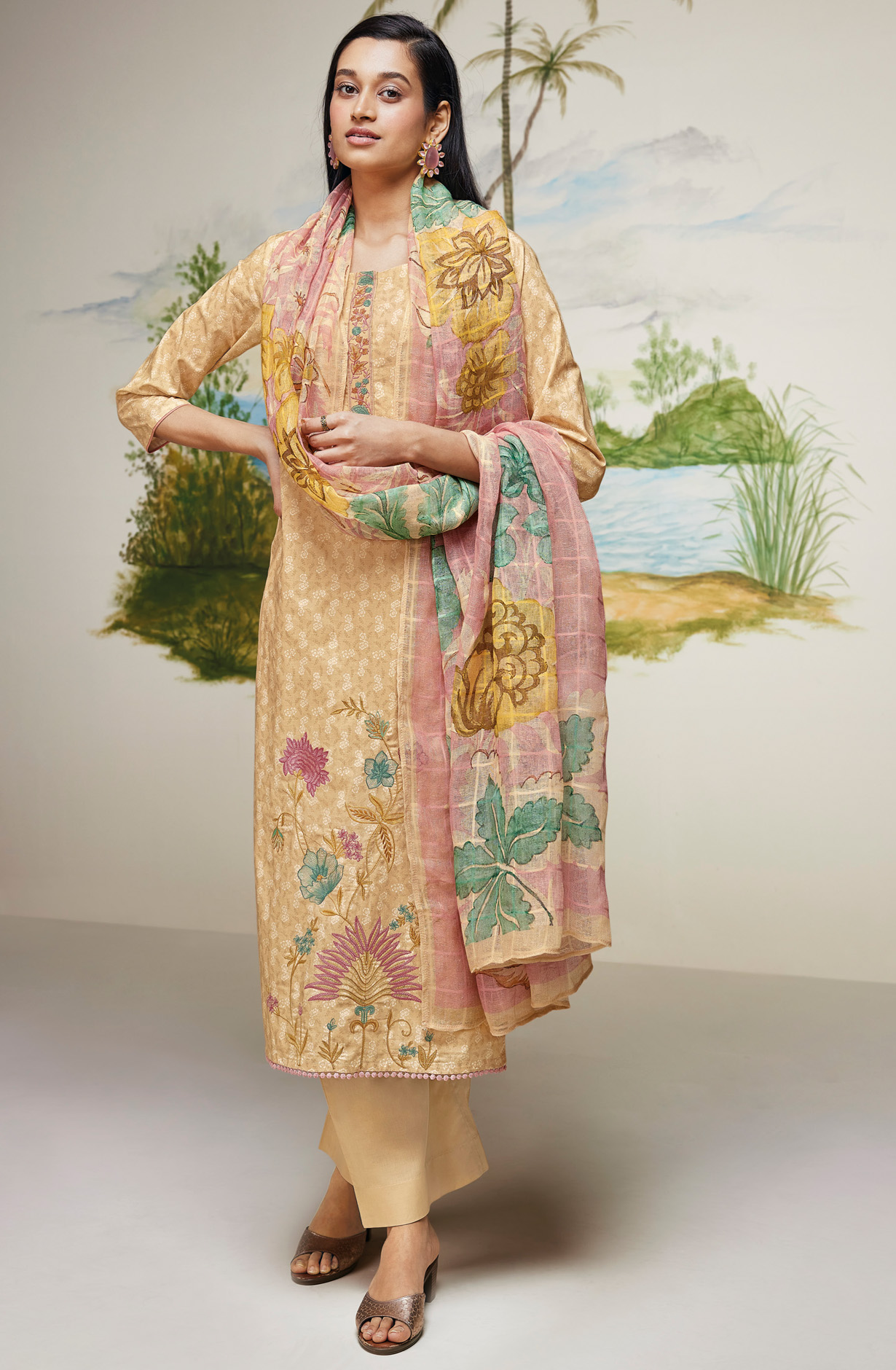 Beige Cotton Digital Printed Salwar Kameez with Beautiful Dupatta - DEES1613D