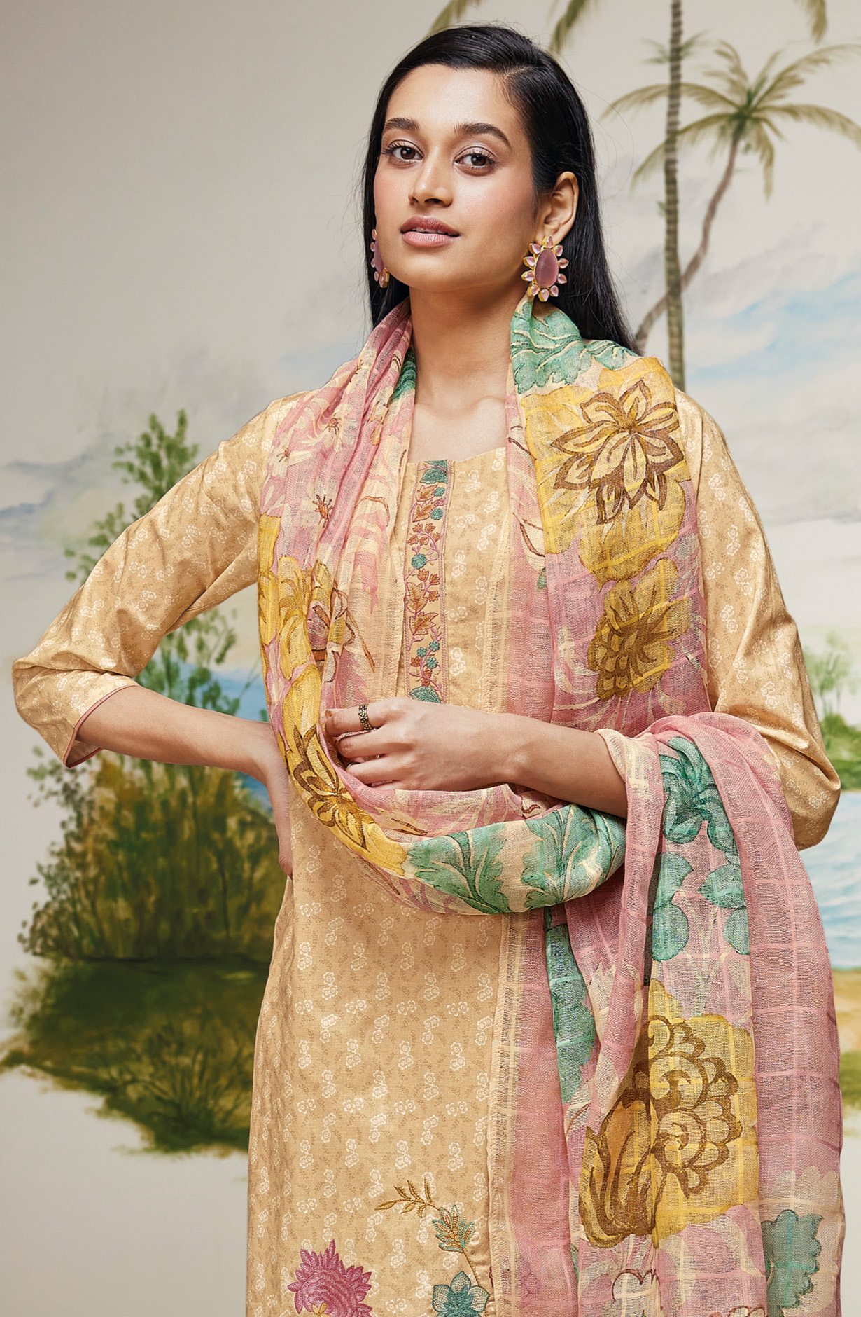 Beige Cotton Digital Printed Salwar Kameez with Beautiful Dupatta - DEES1613D