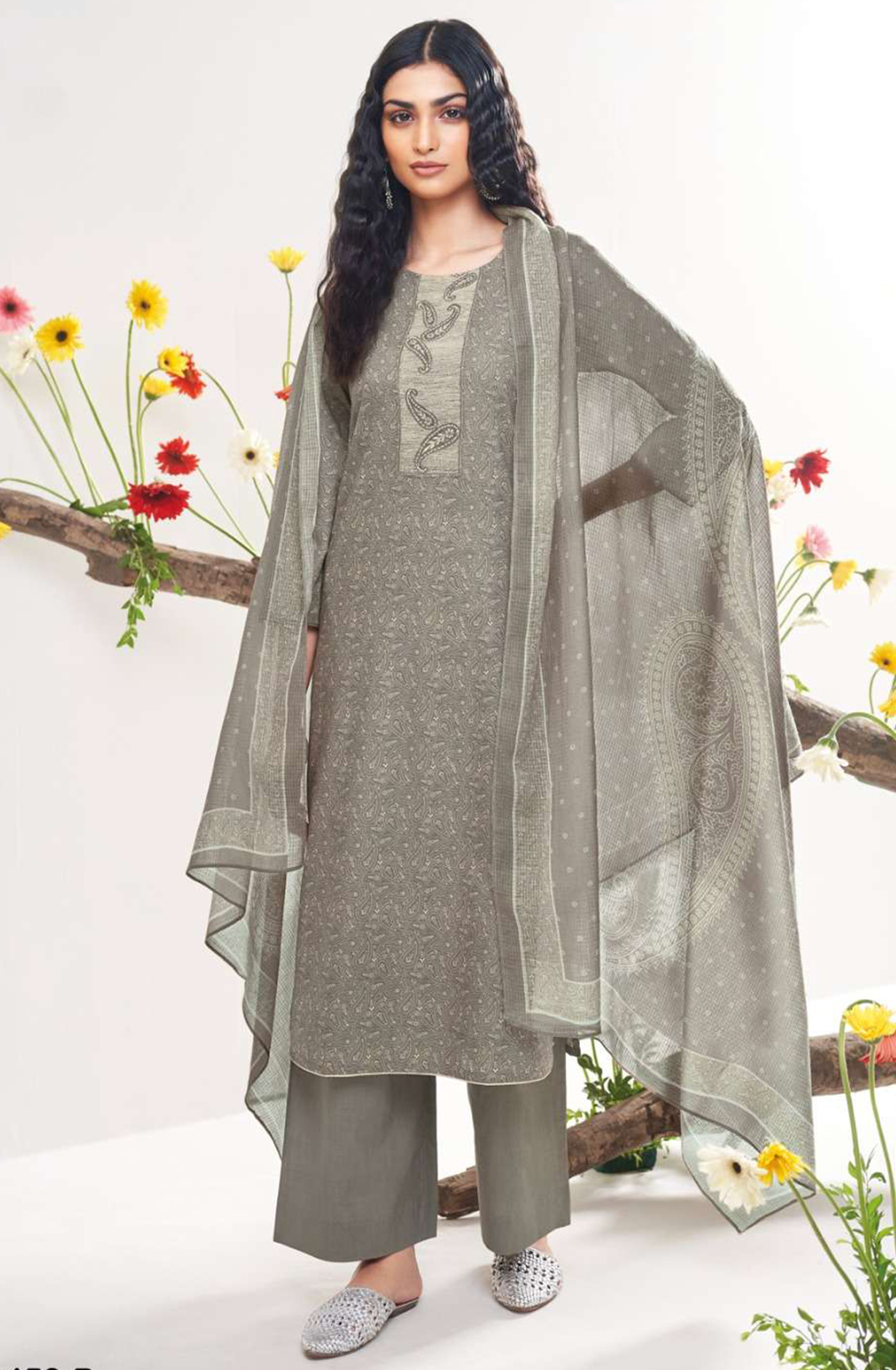 Grey Cotton Printed Embroidered Beautiful Suit with Dupatta - DEES3453B