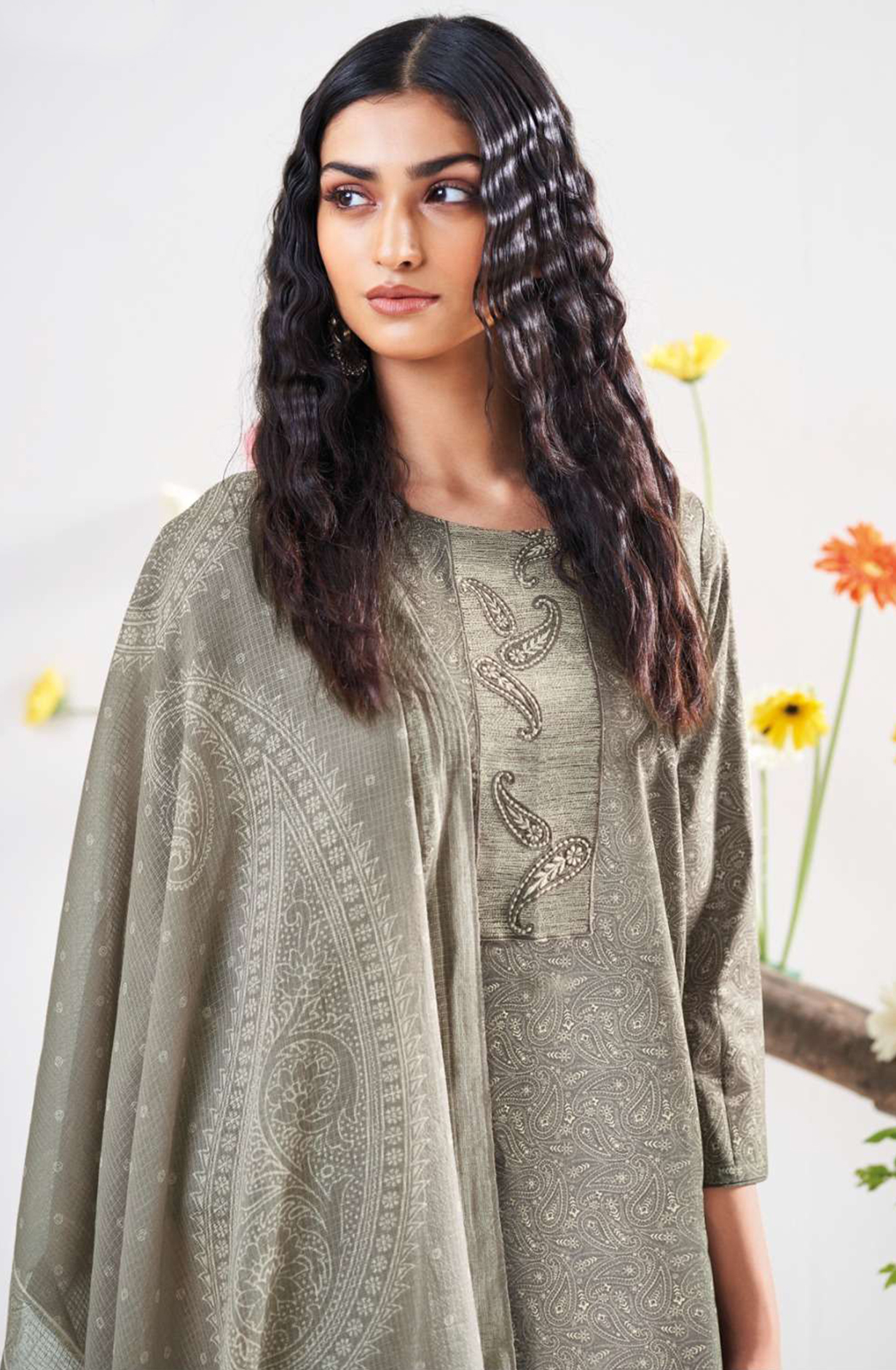 Grey Cotton Printed Embroidered Beautiful Suit with Dupatta - DEES3453B