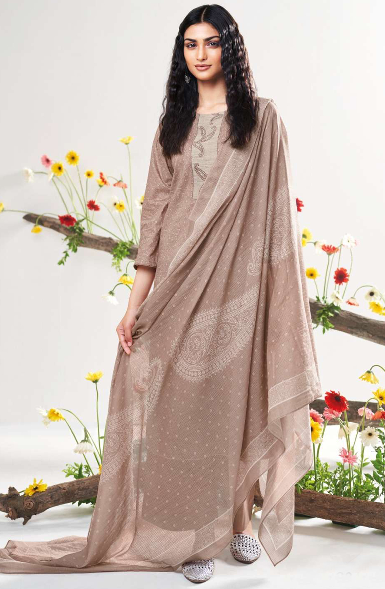 Brown Cotton Printed Embroidered Beautiful Suit with Dupatta - DEES3453D