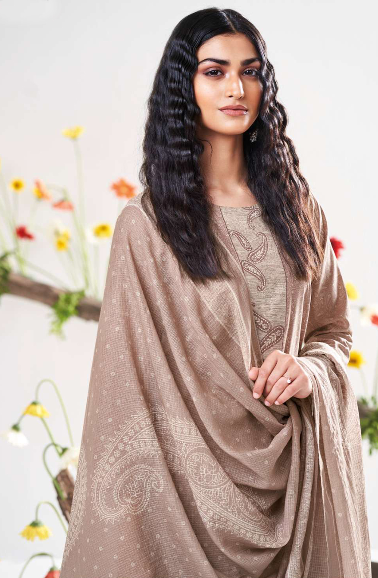 Brown Cotton Printed Embroidered Beautiful Suit with Dupatta - DEES3453D
