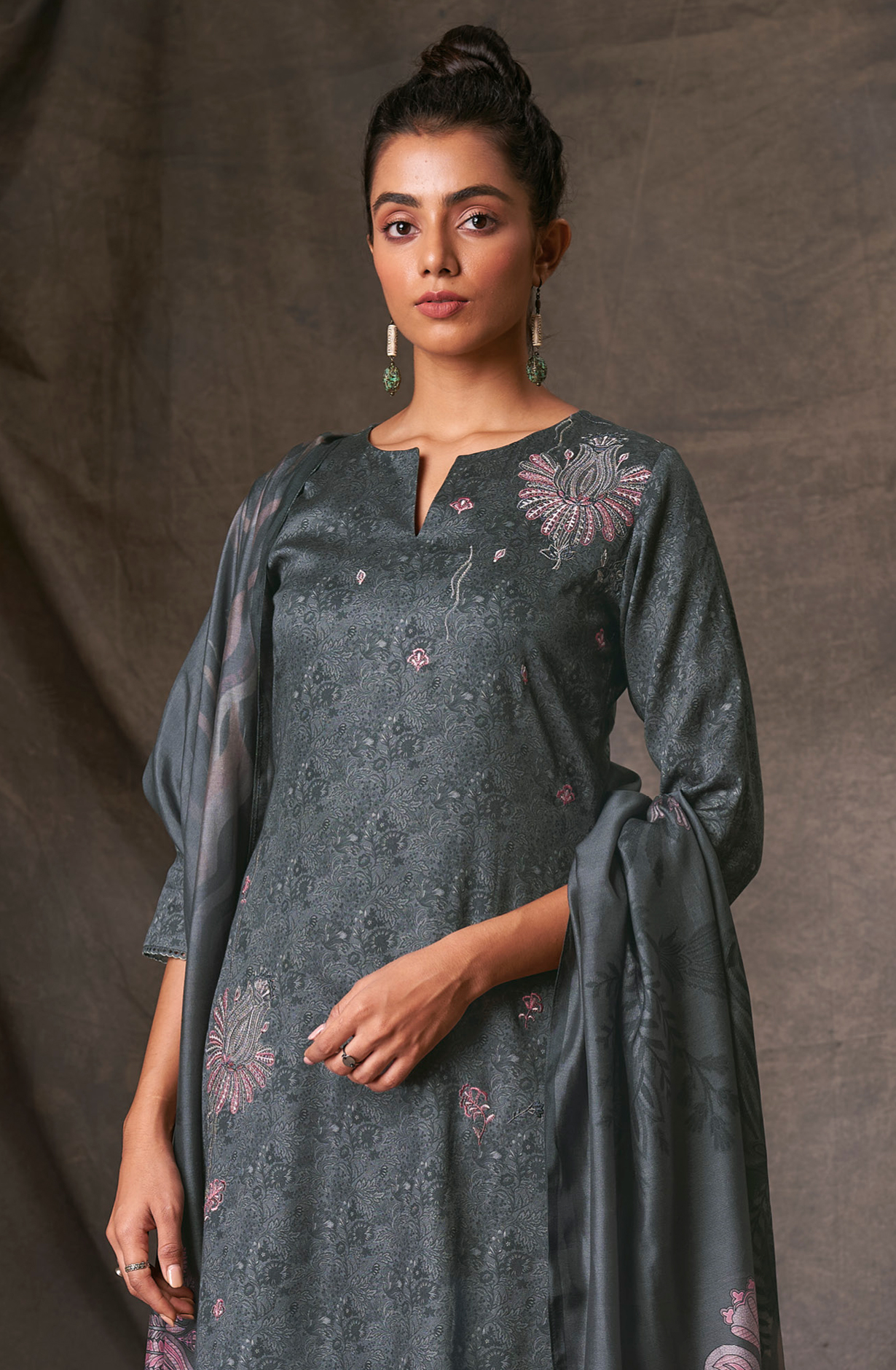 Grey Cotton Digital Printed Unstitched Salwar Kameez - DELS1825B