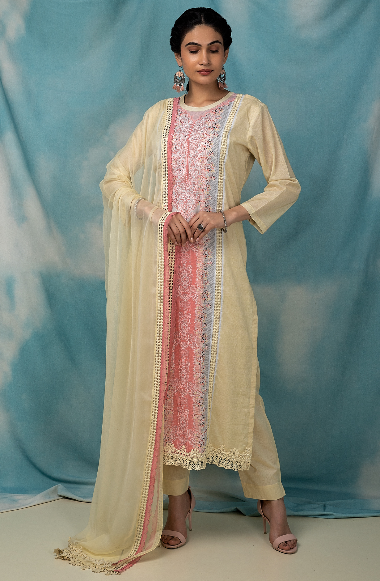 Yellow Cotton Lawn Beautiful Printed with Lace Work Suit-sets - DEN1850B