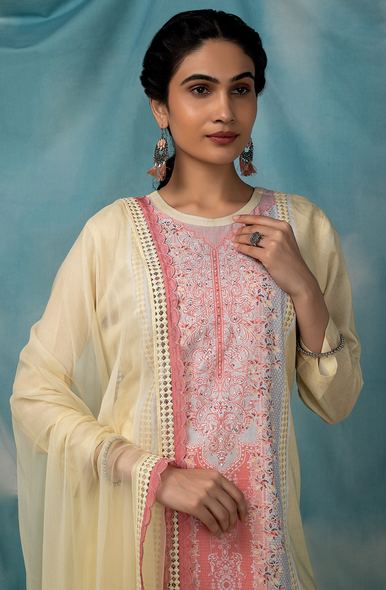 Yellow Cotton Lawn Beautiful Printed with Lace Work Suit-sets - DEN1850B