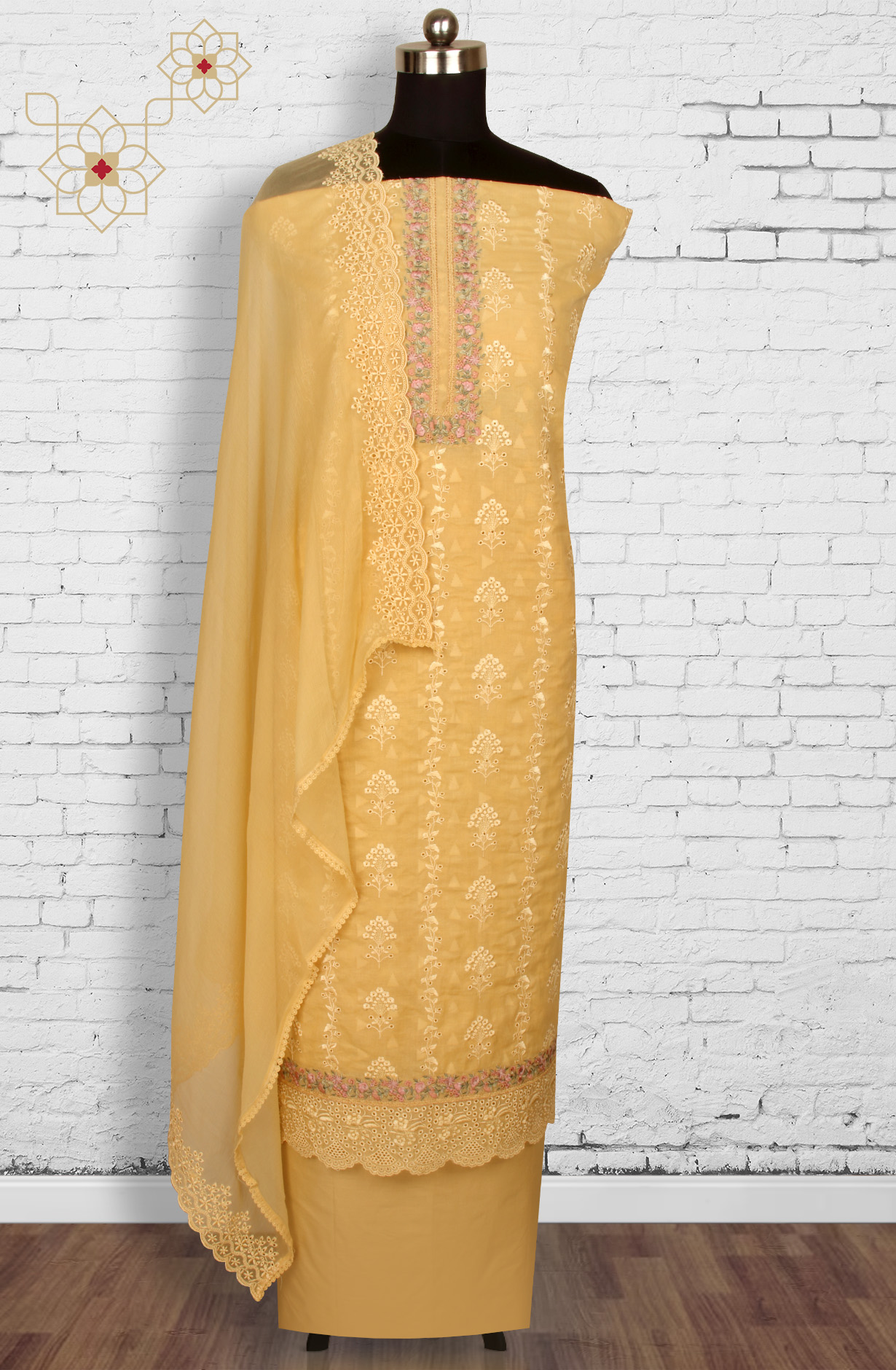 Mustard Cotton Embroidered Salwar Kameez with Chiffon Dupatta - DESNS14281A