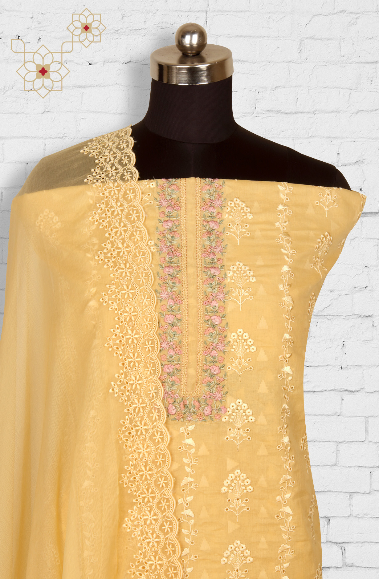 Mustard Cotton Embroidered Salwar Kameez with Chiffon Dupatta - DESNS14281A