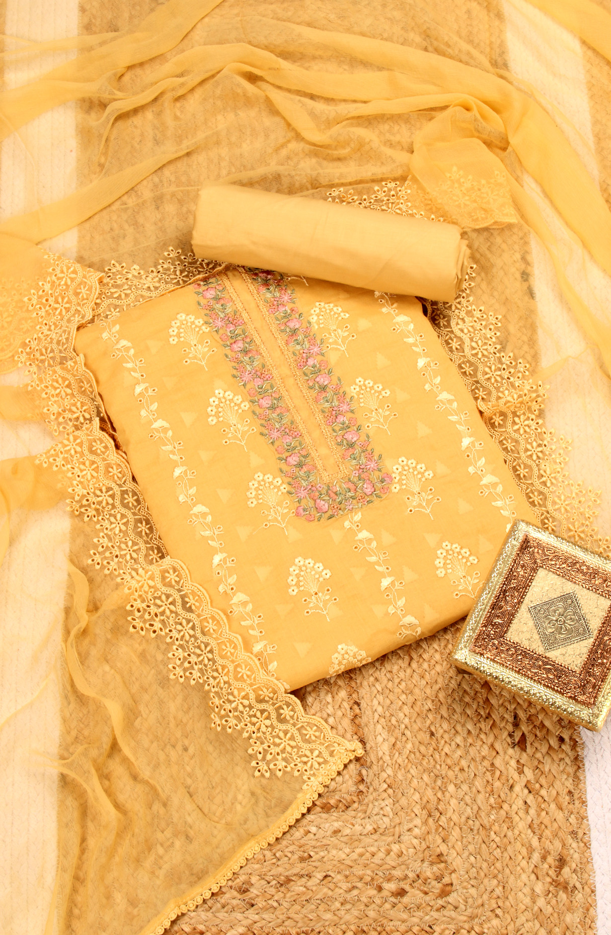 Mustard Cotton Embroidered Salwar Kameez with Chiffon Dupatta - DESNS14281A