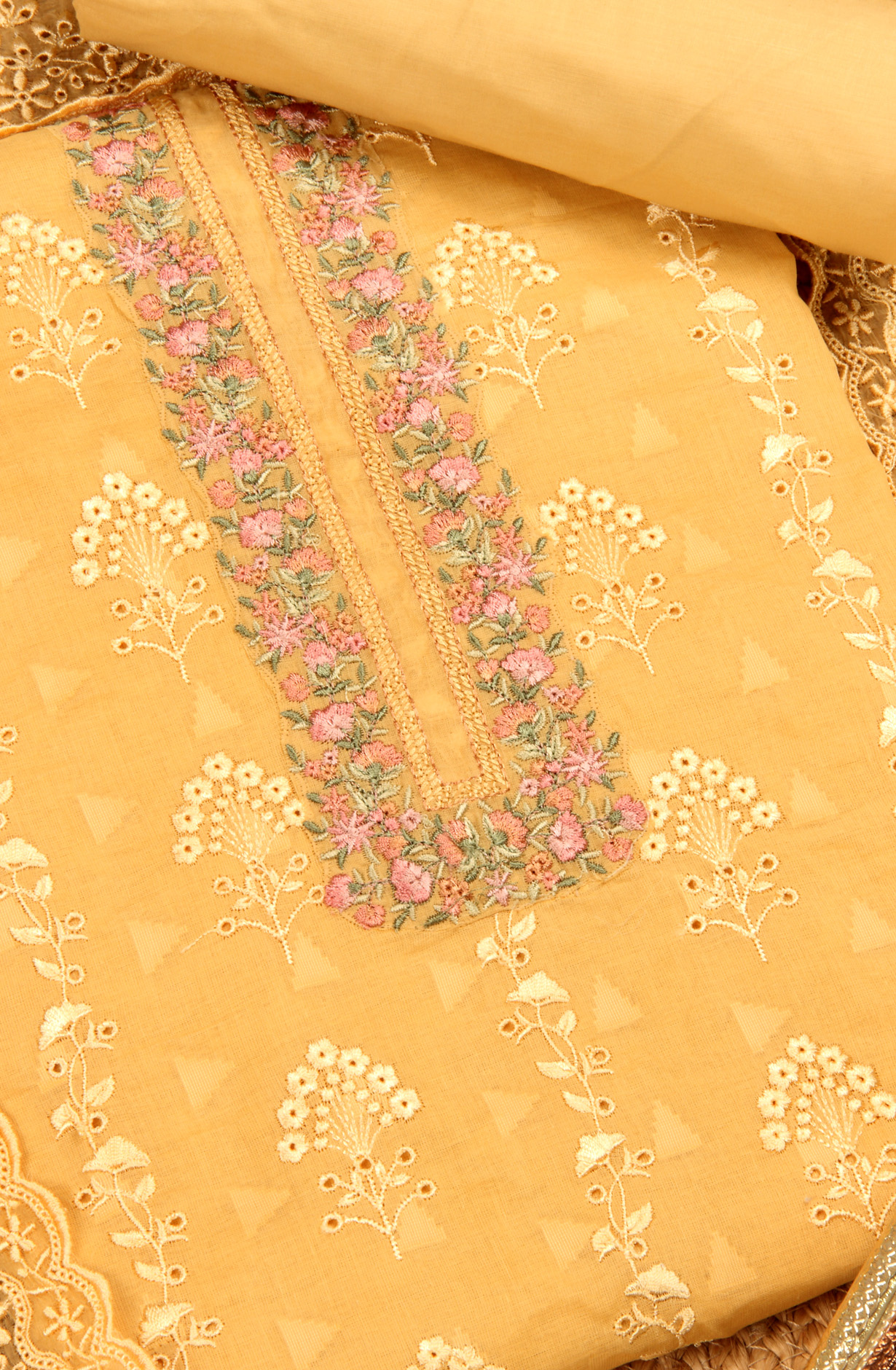Mustard Cotton Embroidered Salwar Kameez with Chiffon Dupatta - DESNS14281A
