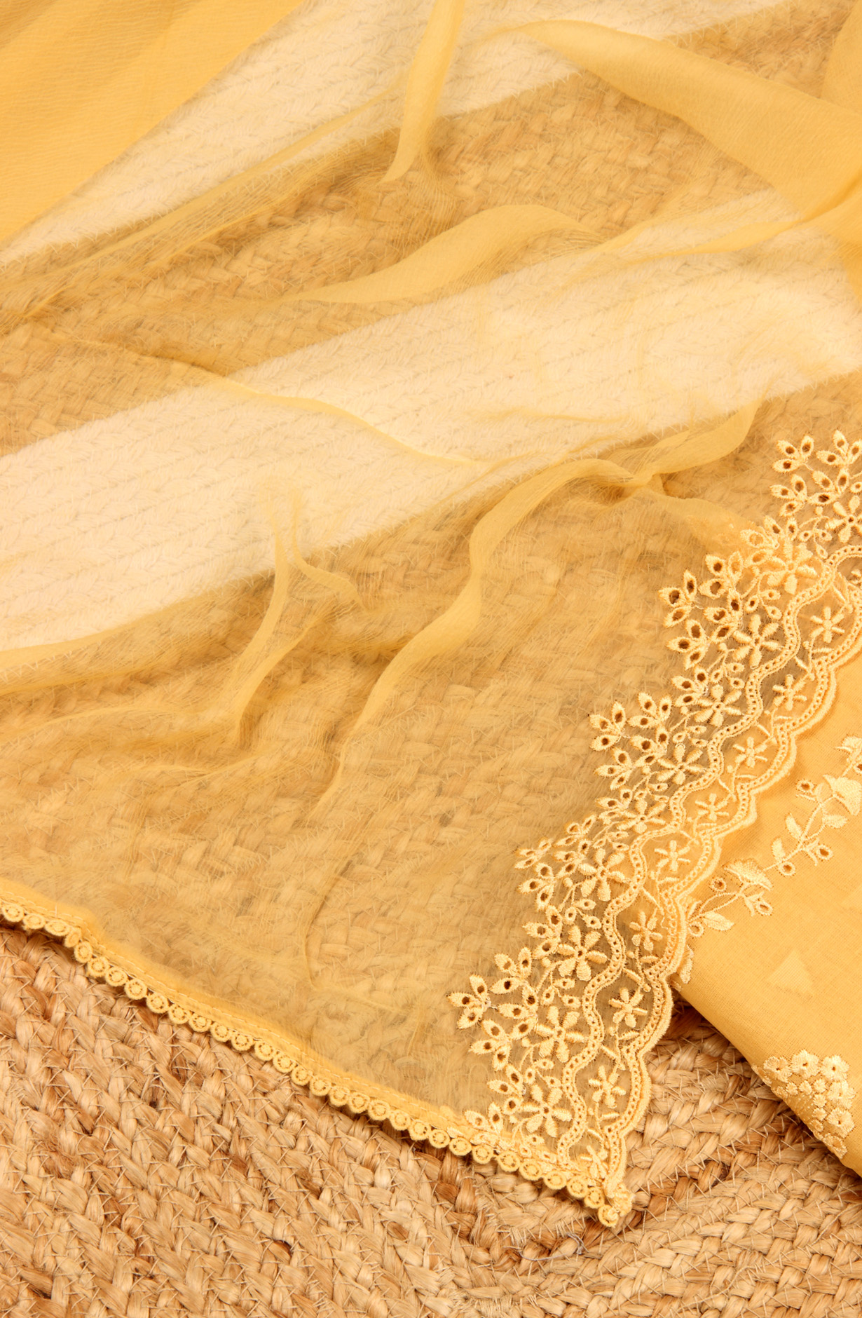 Mustard Cotton Embroidered Salwar Kameez with Chiffon Dupatta - DESNS14281A