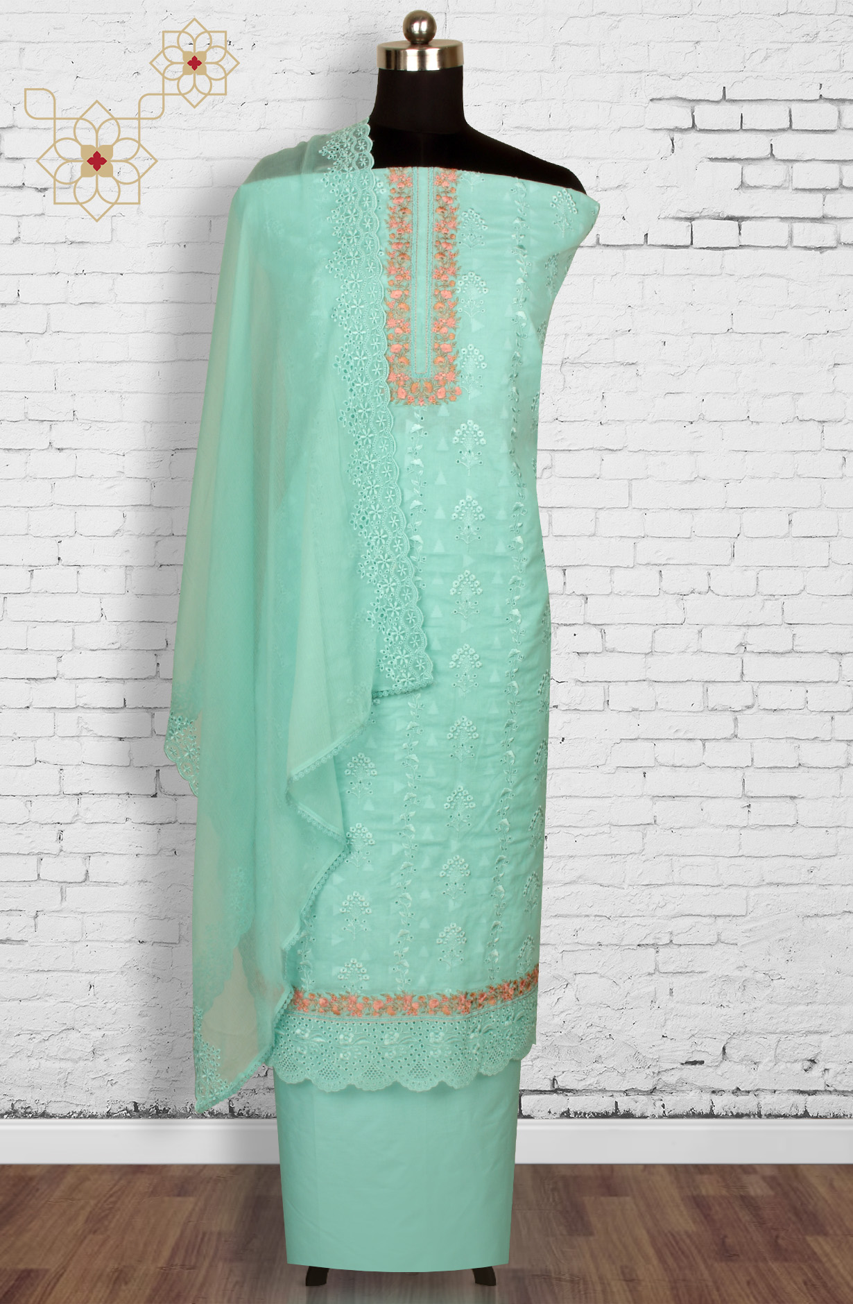 Firozi Cotton Embroidered Salwar Kameez with Chiffon Dupatta - DESNS14281C