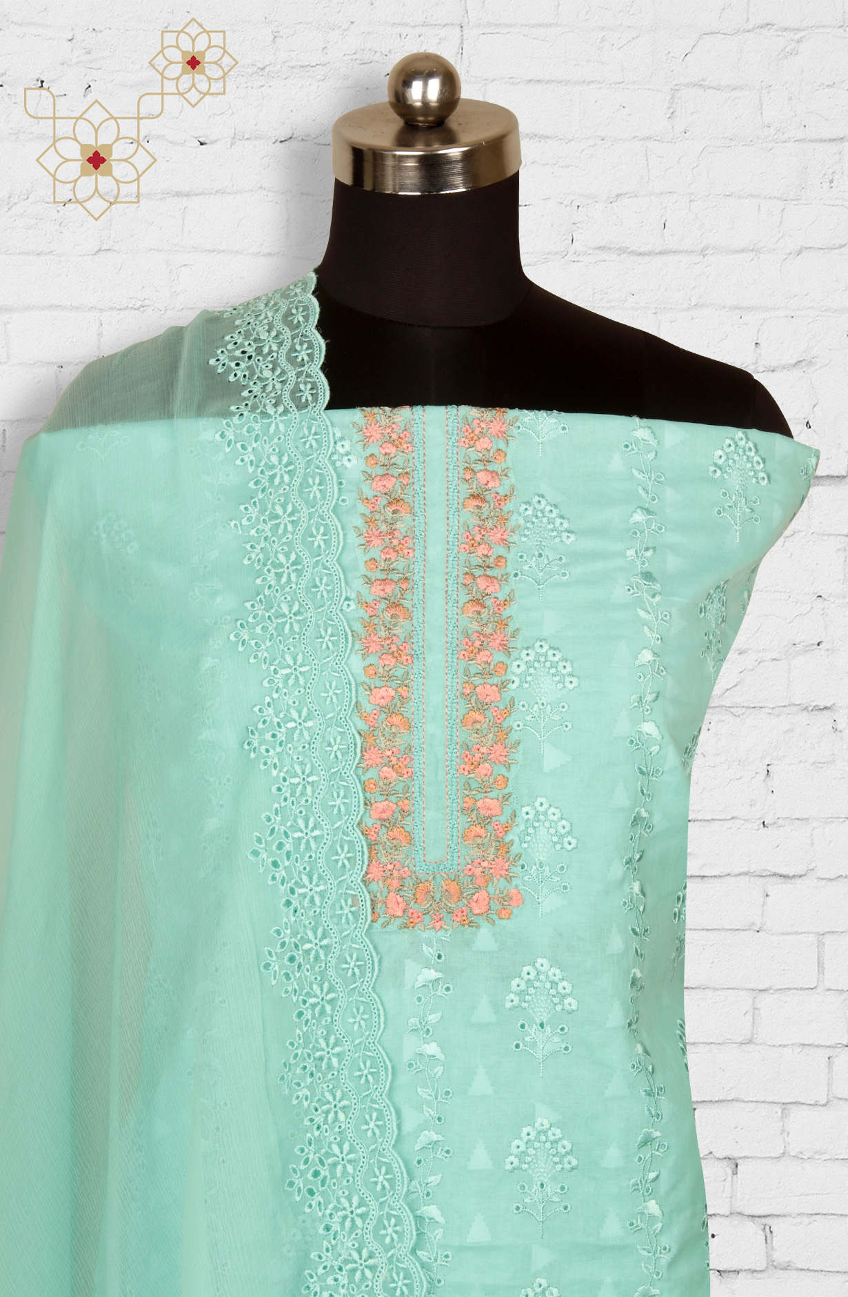 Firozi Cotton Embroidered Salwar Kameez with Chiffon Dupatta - DESNS14281C
