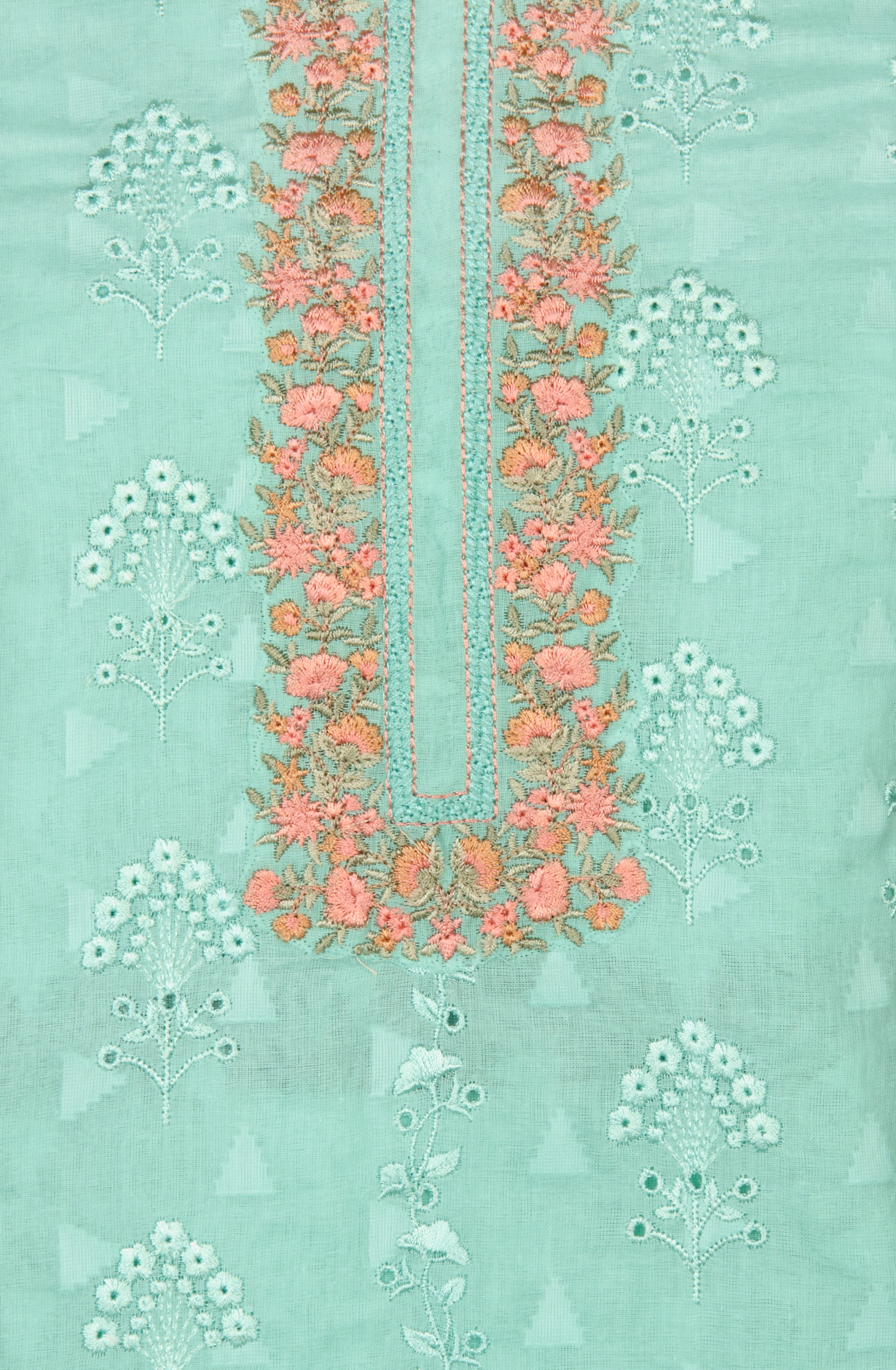 Firozi Cotton Embroidered Salwar Kameez with Chiffon Dupatta - DESNS14281C