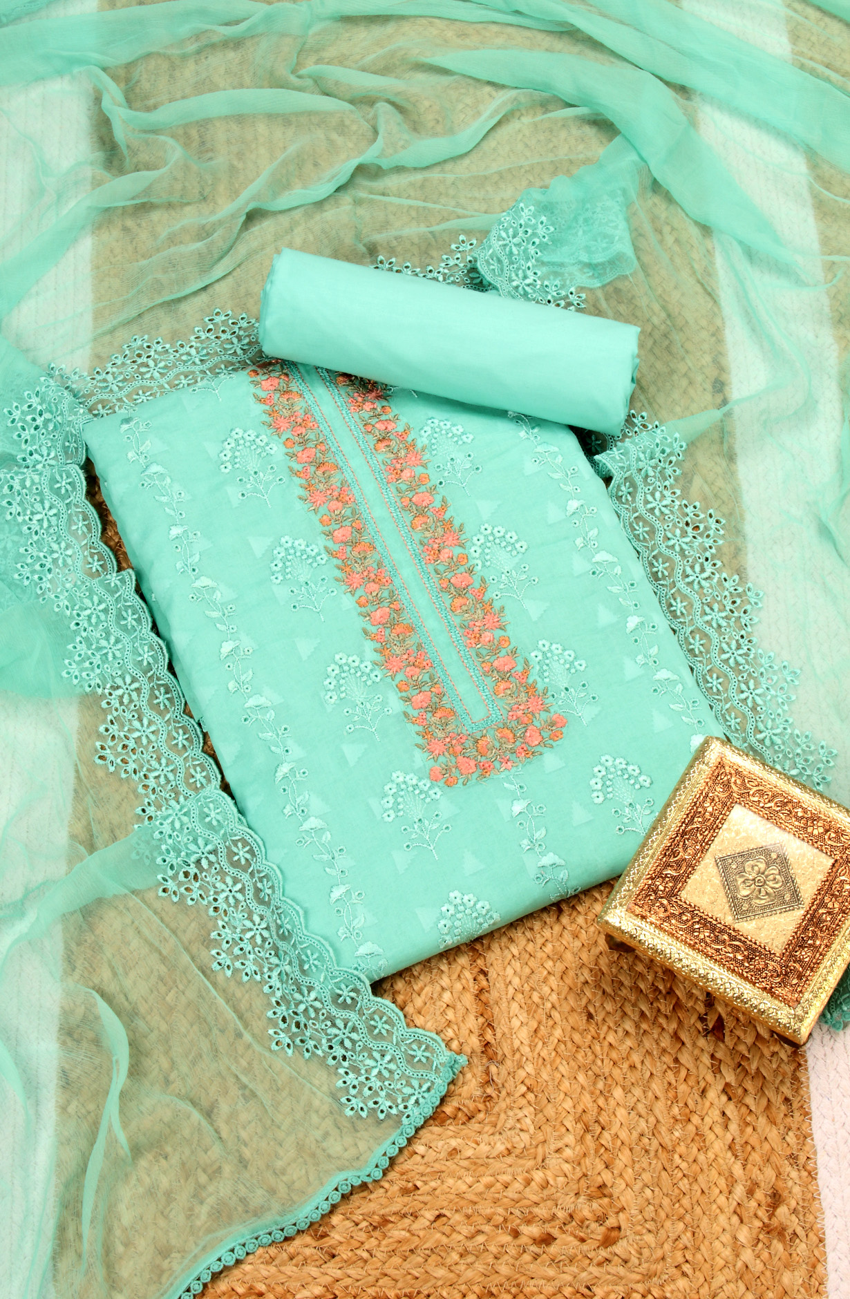 Firozi Cotton Embroidered Salwar Kameez with Chiffon Dupatta - DESNS14281C