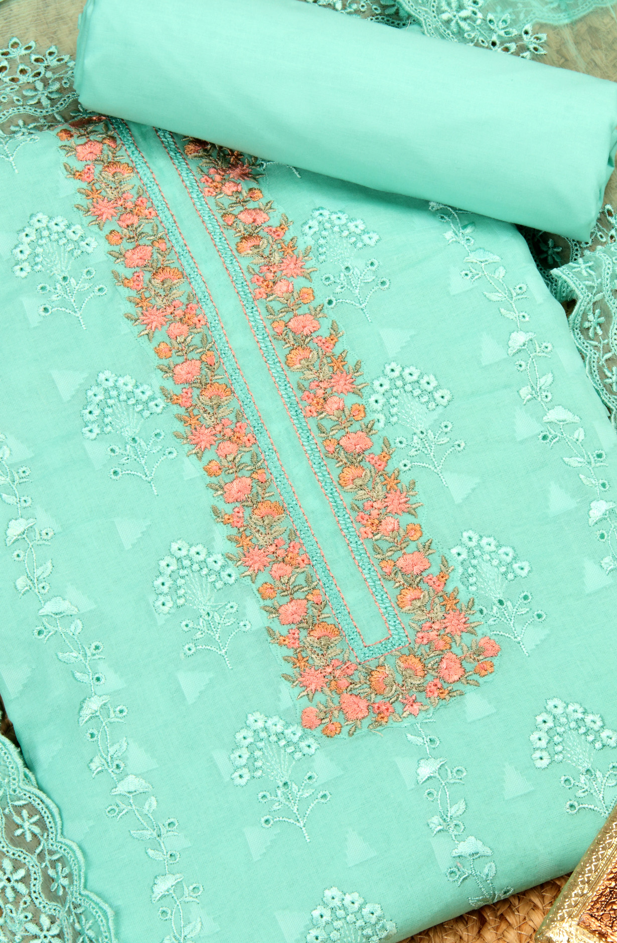 Firozi Cotton Embroidered Salwar Kameez with Chiffon Dupatta - DESNS14281C