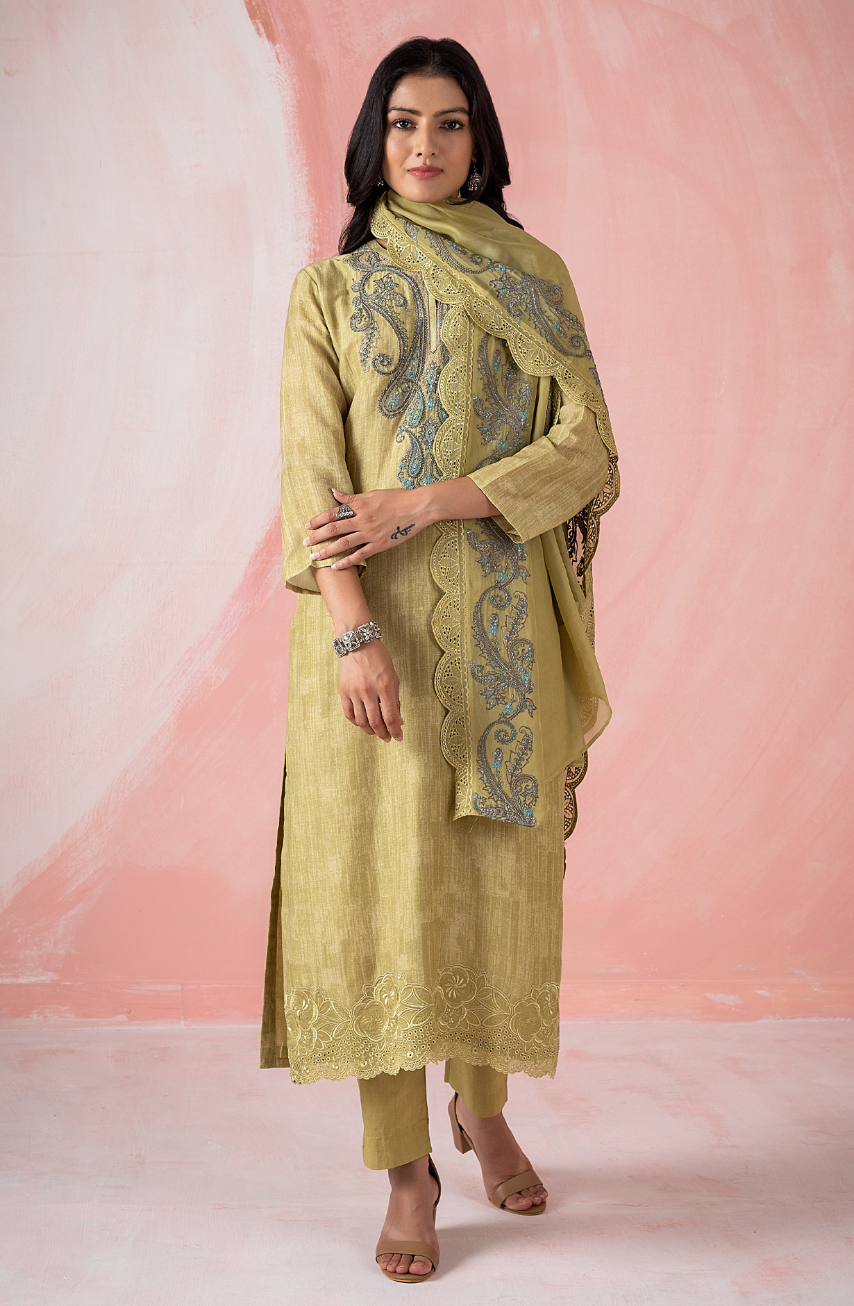 Mehndi Linen Beautiful Embroidered Suit with Organza Dupatta - DHA1958A