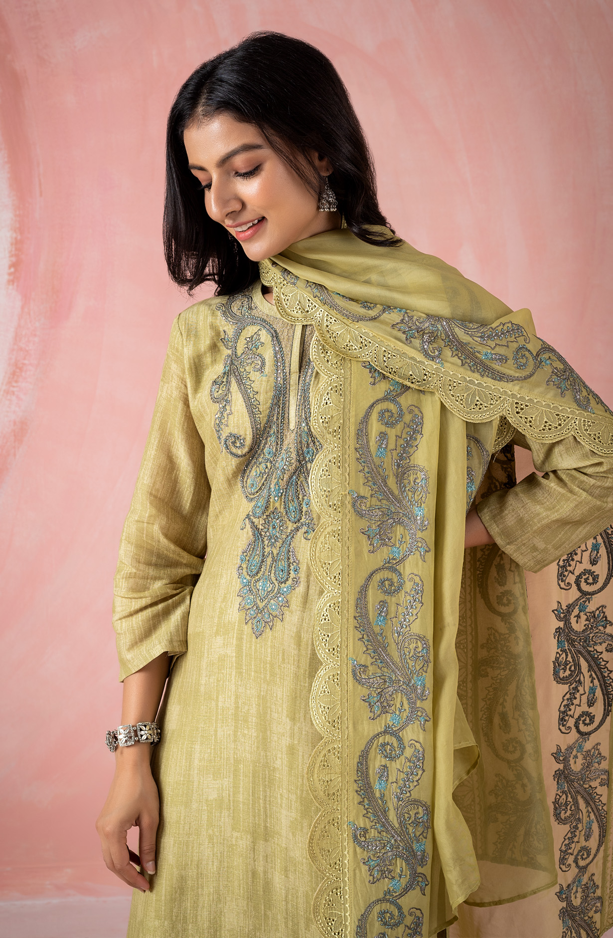 Mehndi Linen Beautiful Embroidered Suit with Organza Dupatta - DHA1958A