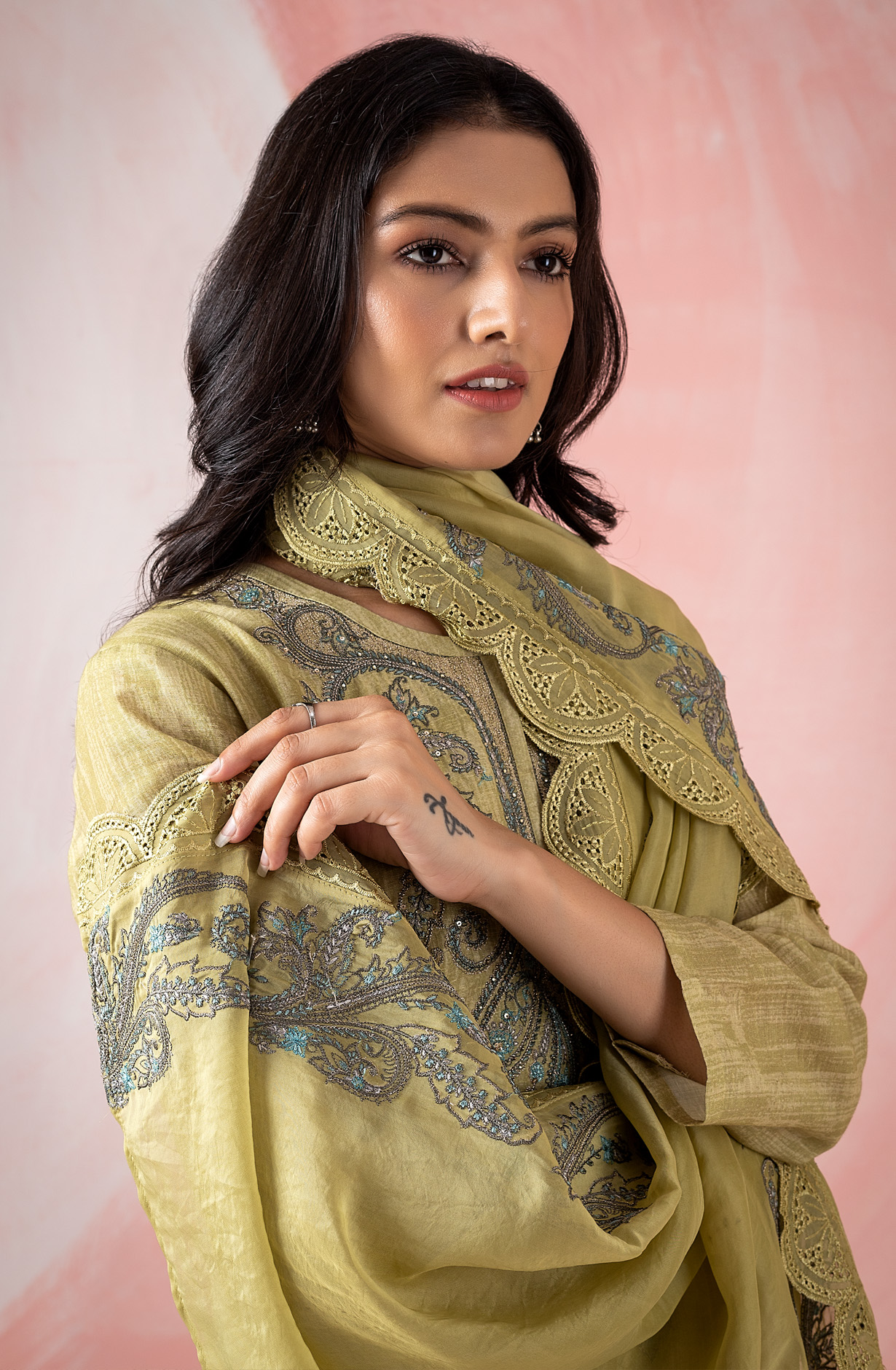 Mehndi Linen Beautiful Embroidered Suit with Organza Dupatta - DHA1958A