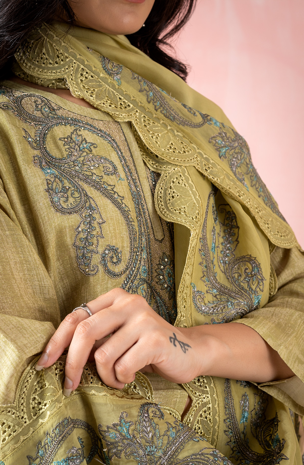 Mehndi Linen Beautiful Embroidered Suit with Organza Dupatta - DHA1958A