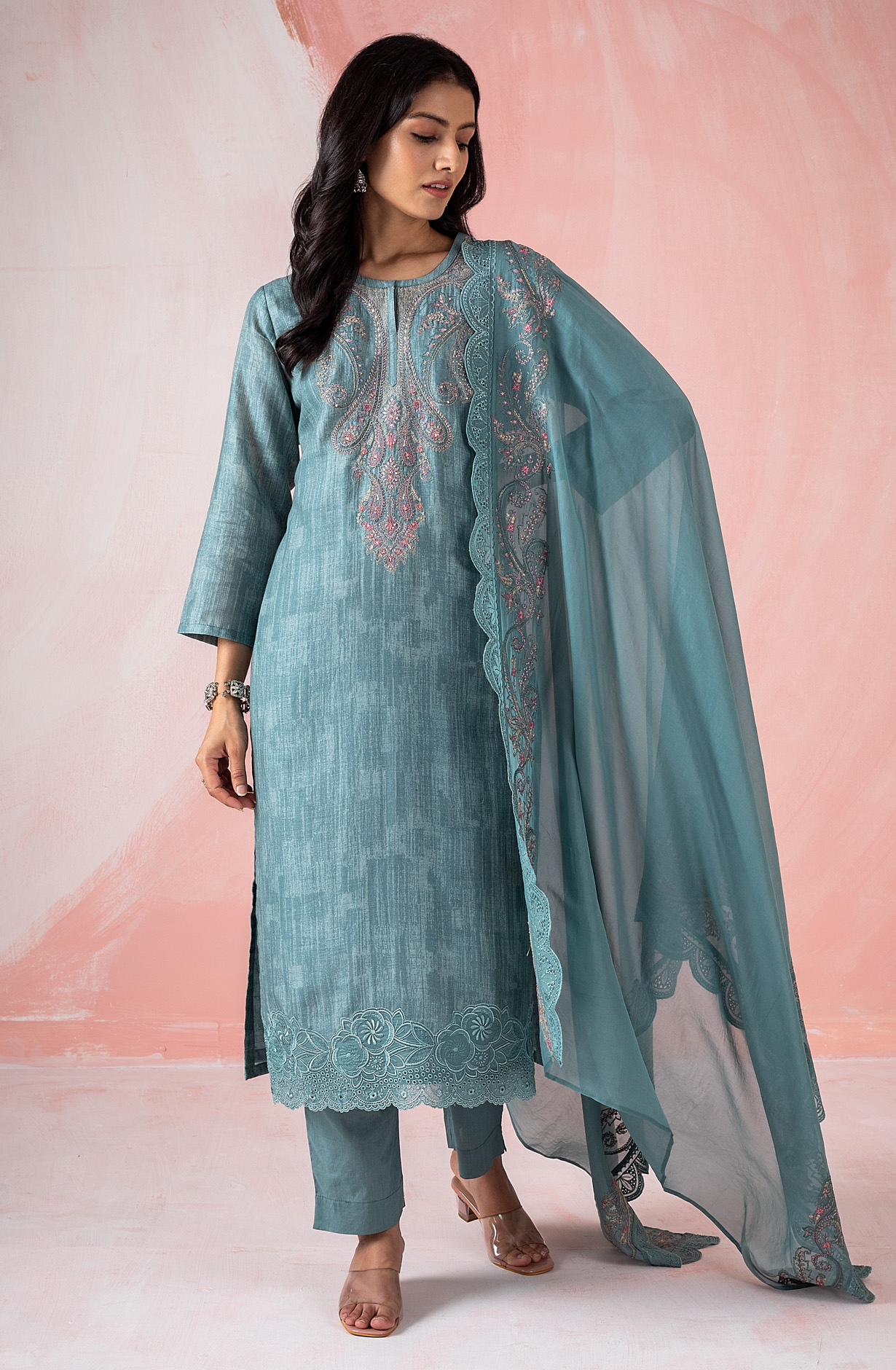 Pastel Green Linen Beautiful Embroidered Suit with Organza Dupatta - DHA1958B