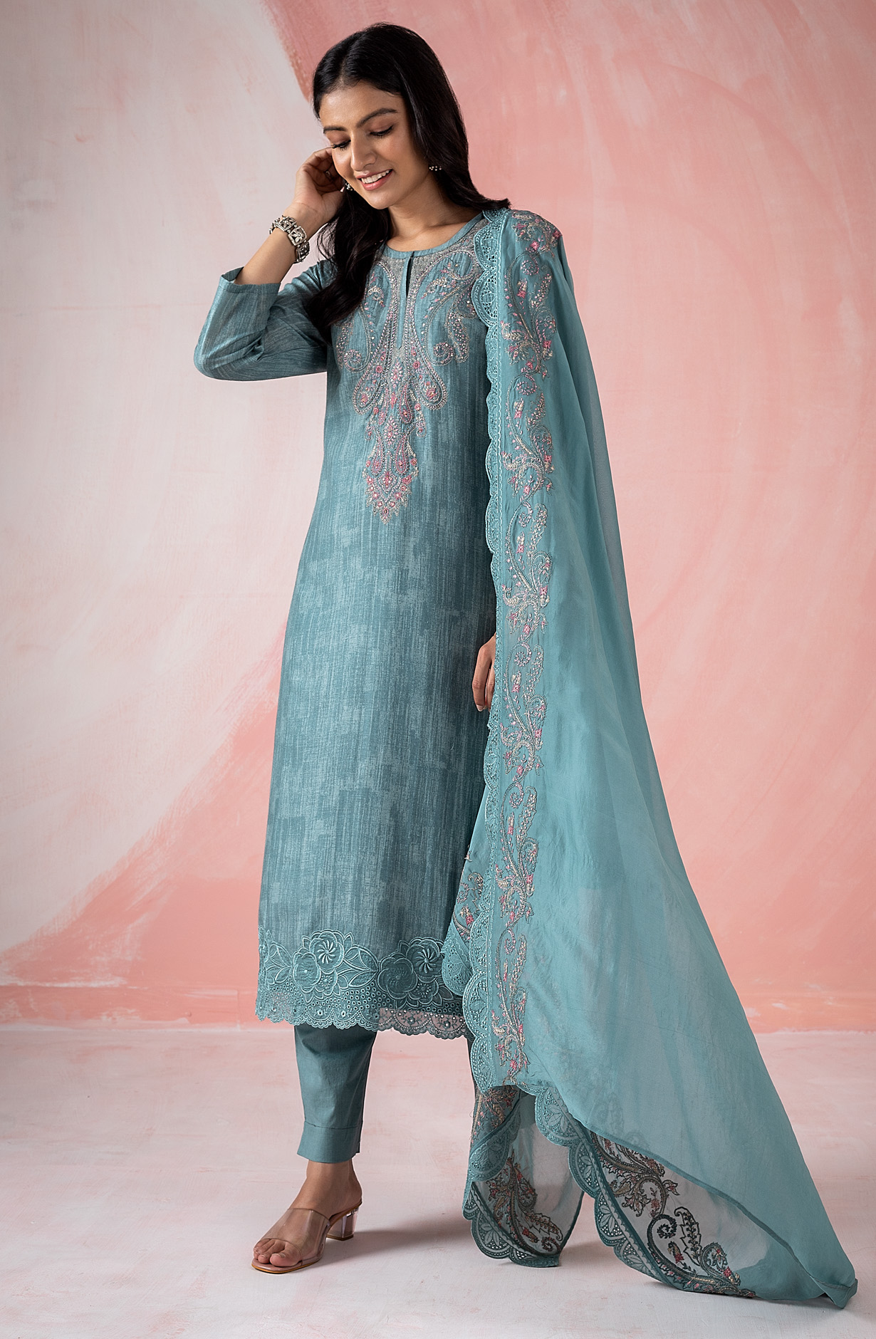 Pastel Green Linen Beautiful Embroidered Suit with Organza Dupatta - DHA1958B