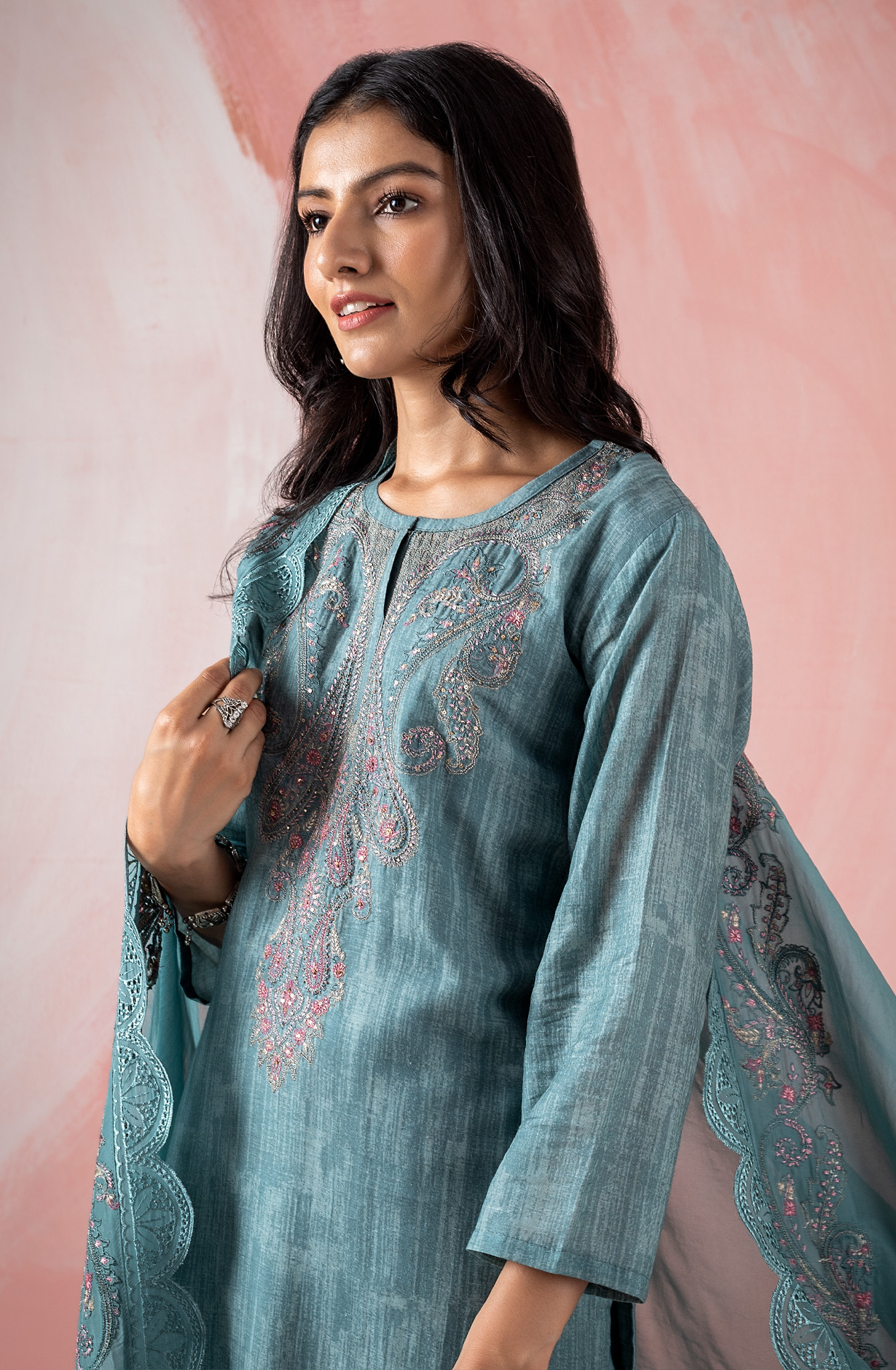 Pastel Green Linen Beautiful Embroidered Suit with Organza Dupatta - DHA1958B