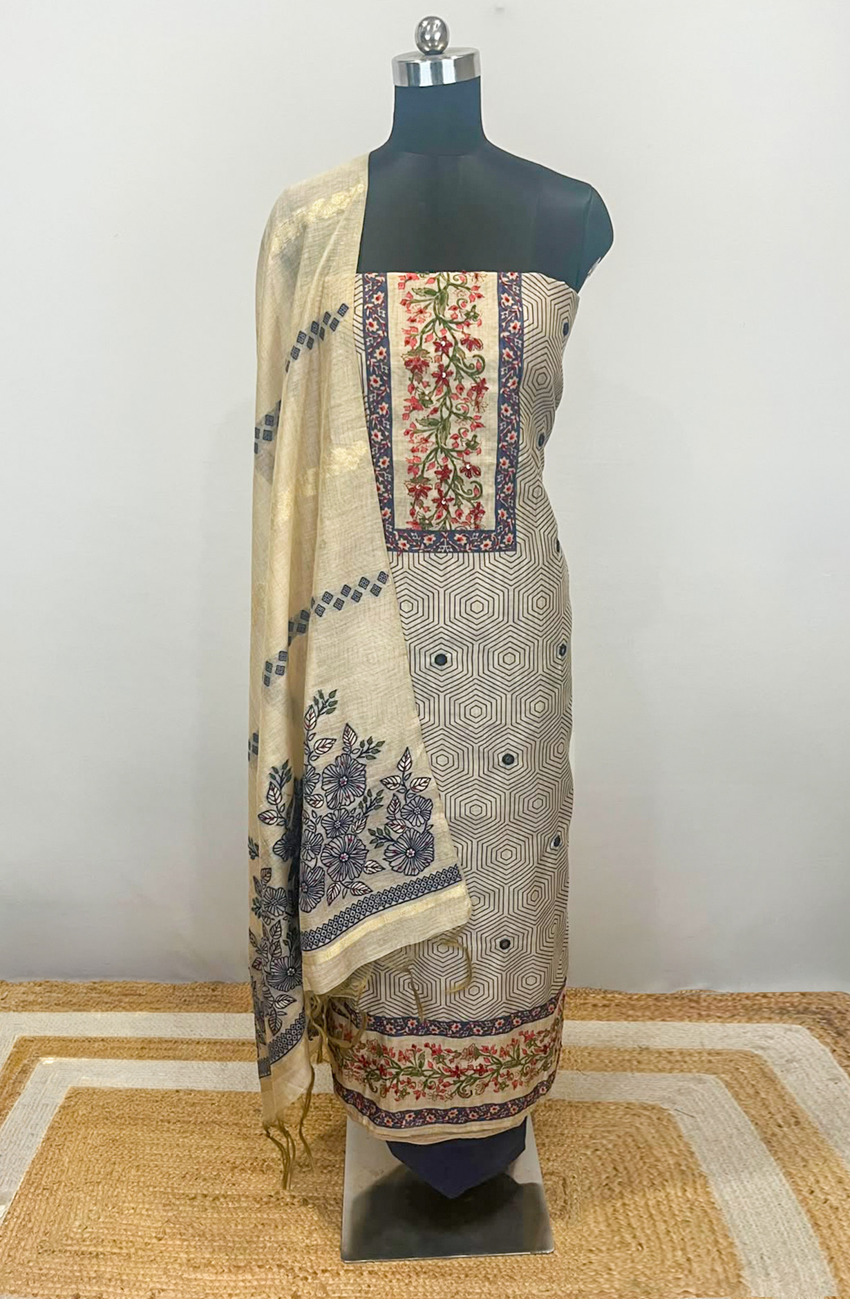 Blue Chanderi Unstitched Suit Set with Beautiful Dupatta - 985-KFS120B