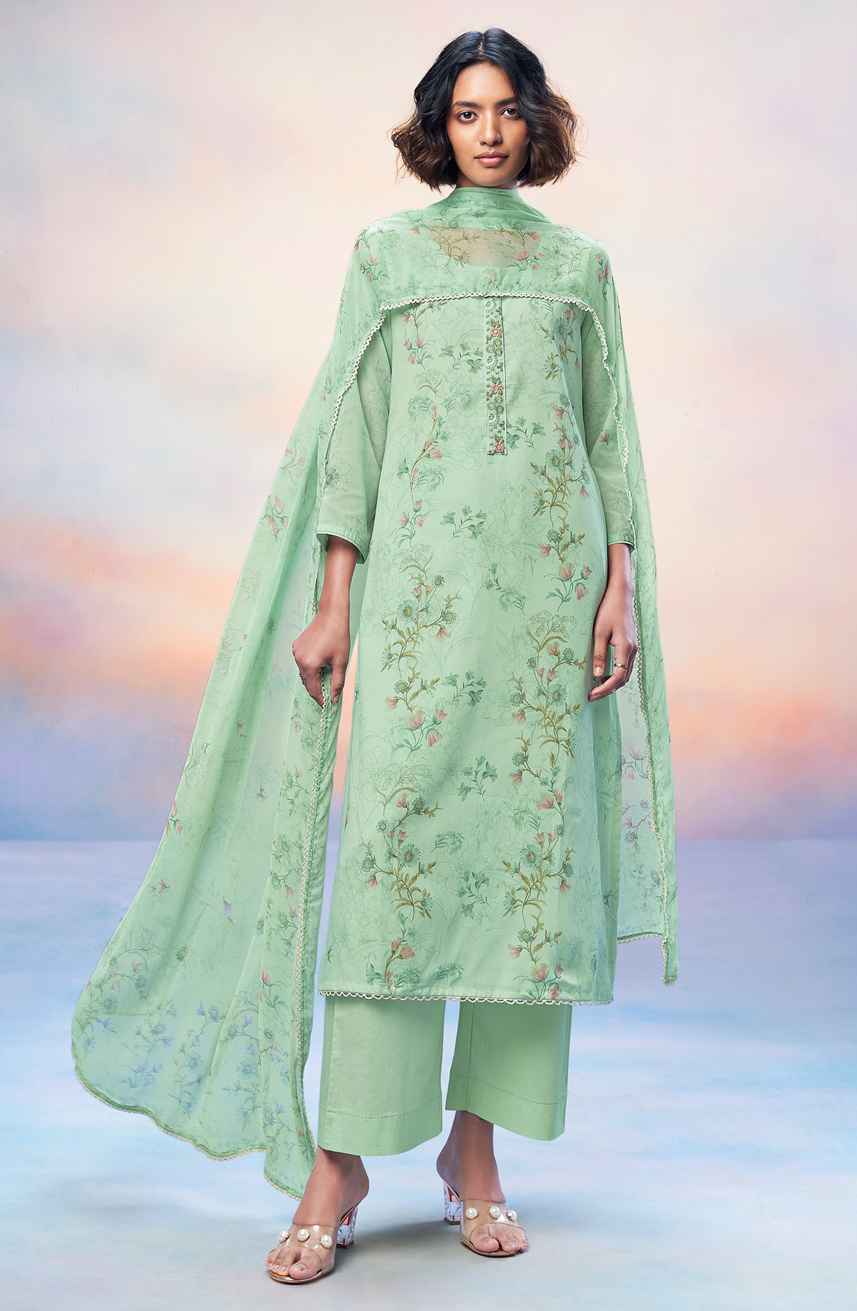 Sea Green Cotton Printed Unstitched Suit with Chiffon Dupatta - DHIS2714A