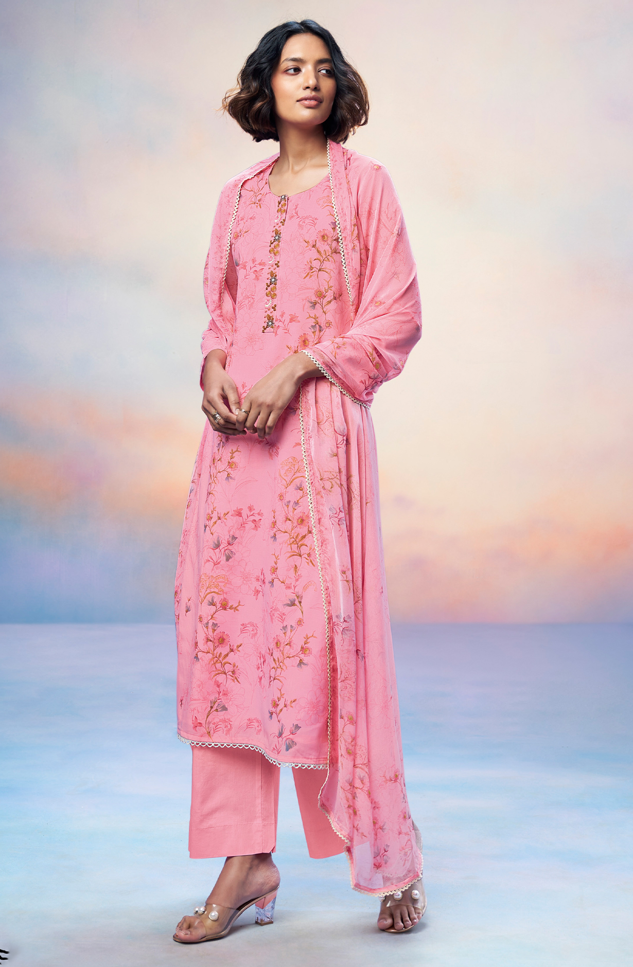 Pink Cotton Printed Unstitched Suit with Chiffon Dupatta - DHIS2714B