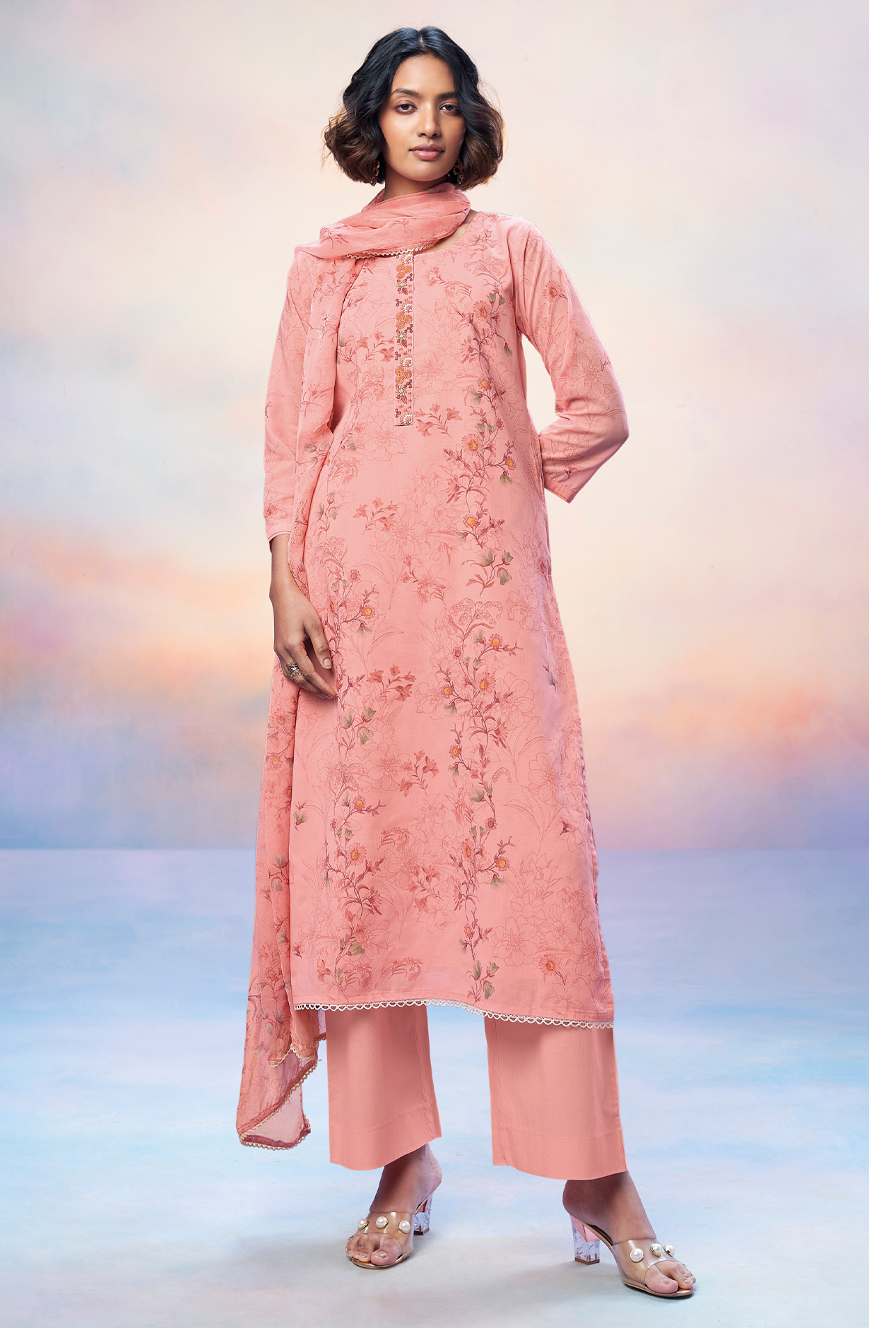 Peach Cotton Printed Unstitched Suit with Chiffon Dupatta - DHIS2714C