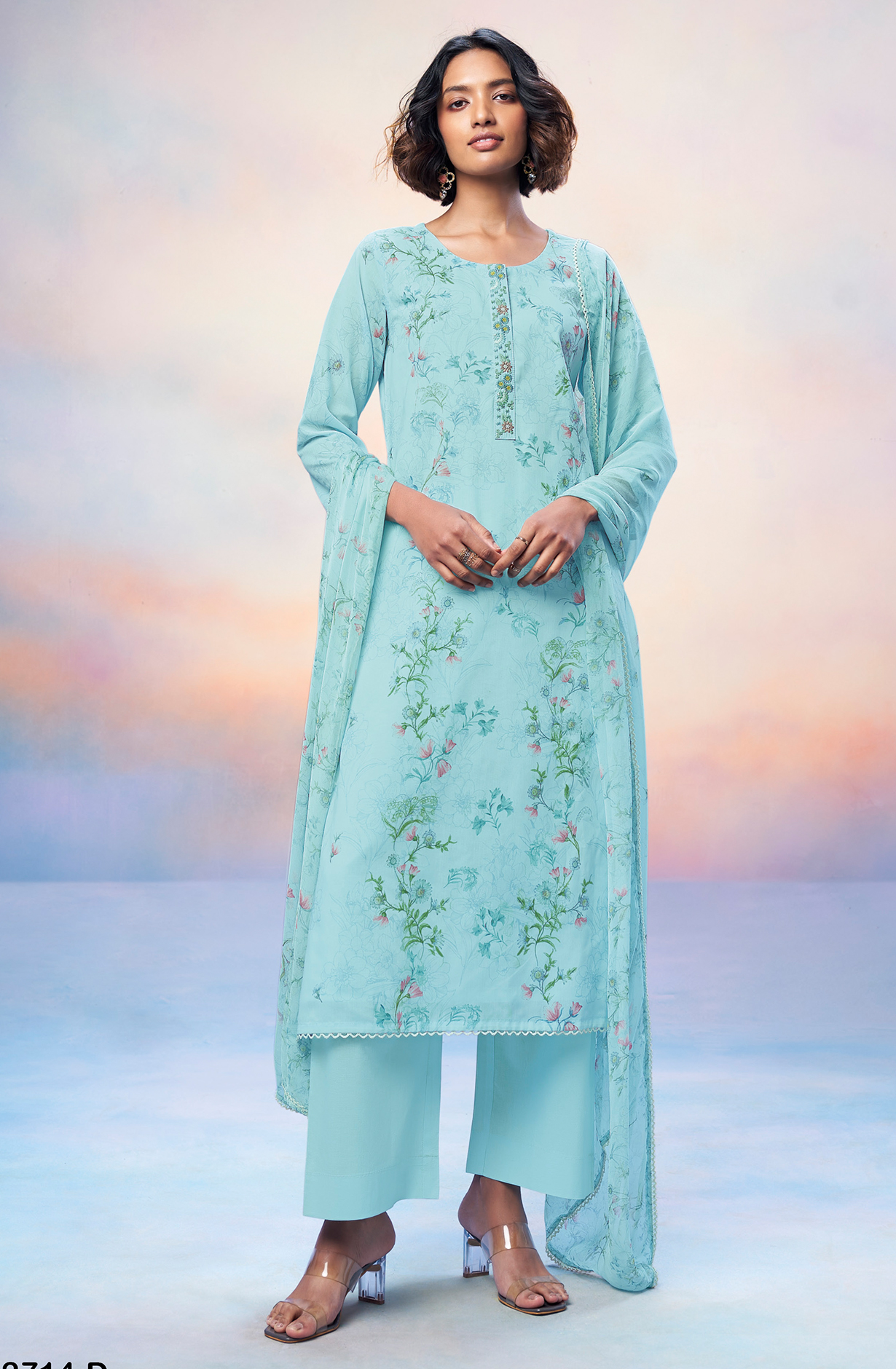 Turquoise Cotton Printed Unstitched Suit with Chiffon Dupatta - DHIS2714D
