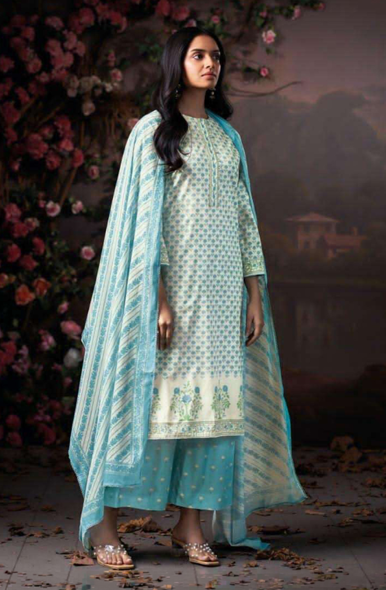 Blue Premium Cotton Unstitched Suit Set with Dupatta - DHR4925A